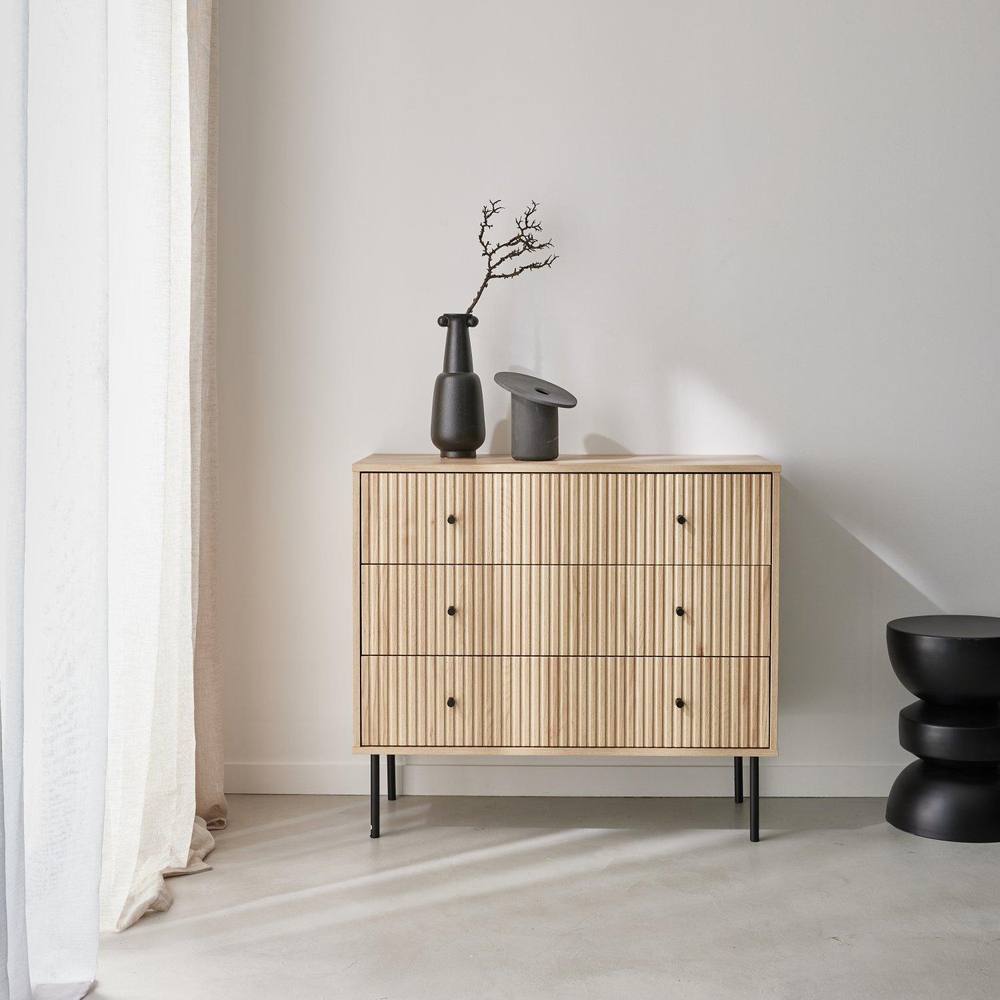 sweeek 3-drawer Chest With Grooved Wooden-effect in Light Brown