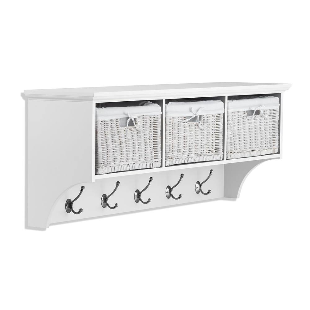Statement Furniture Tetbury Large Hallway Coat Rack / Shelf with Wicker Storage Baskets in White