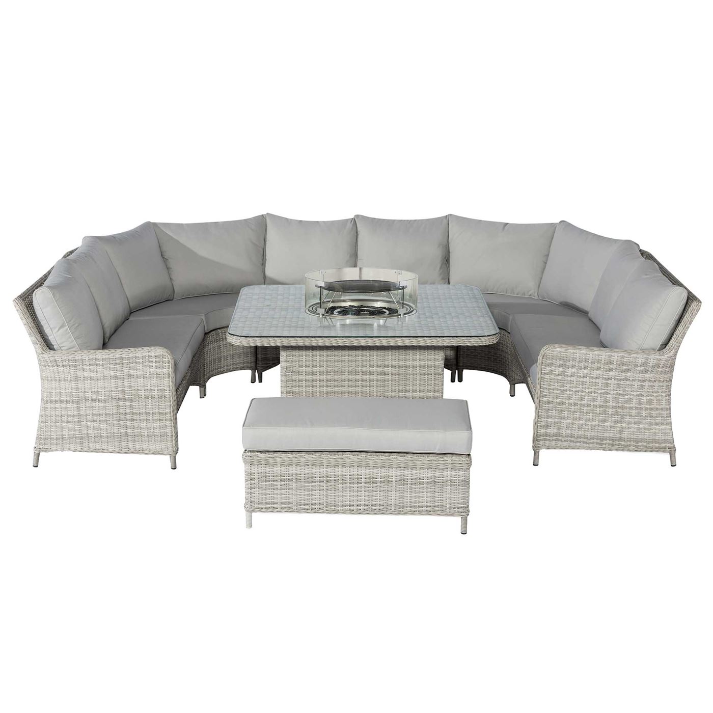 Hathaway Royal U-Shaped Garden Sofa Set with Fire Pit in Light Grey Weave and Grey Fabric