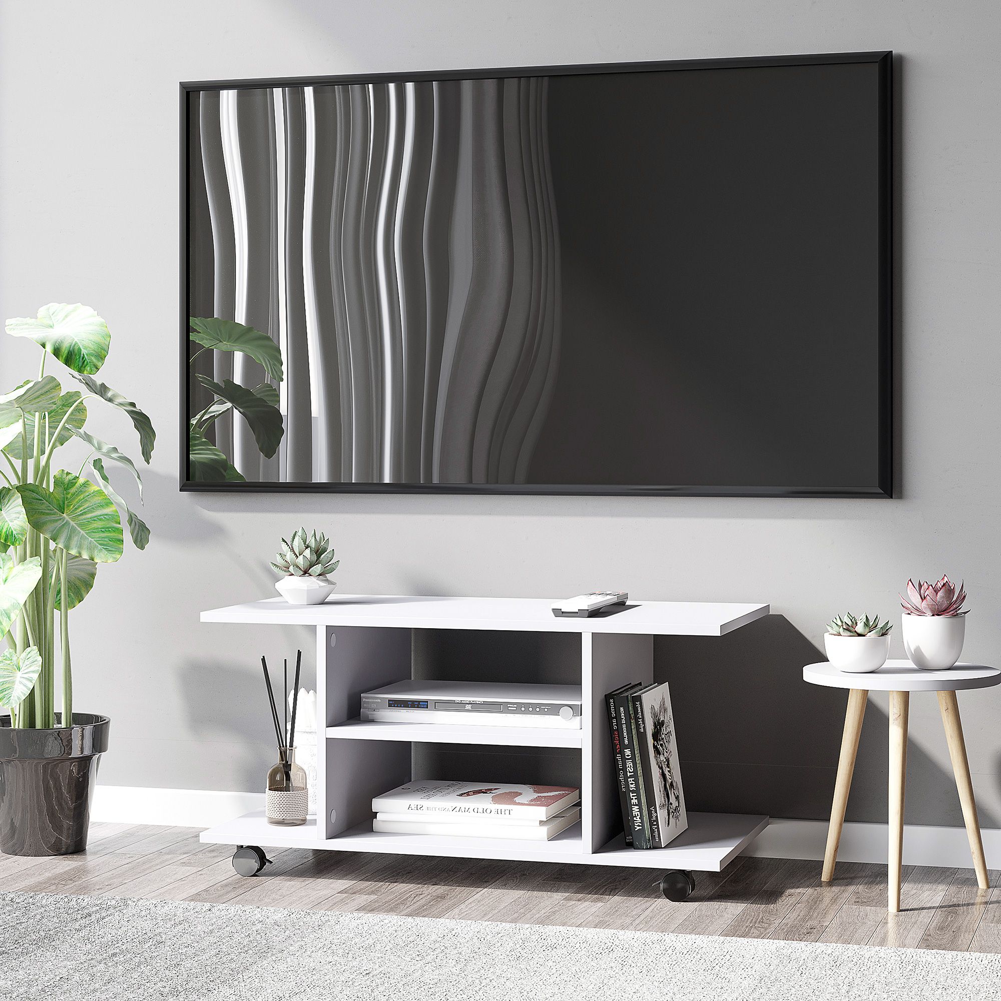 HOMCOM Modern TV Cabinet Stand 3 Tier shelf Storage Shelves Table Wheels in White