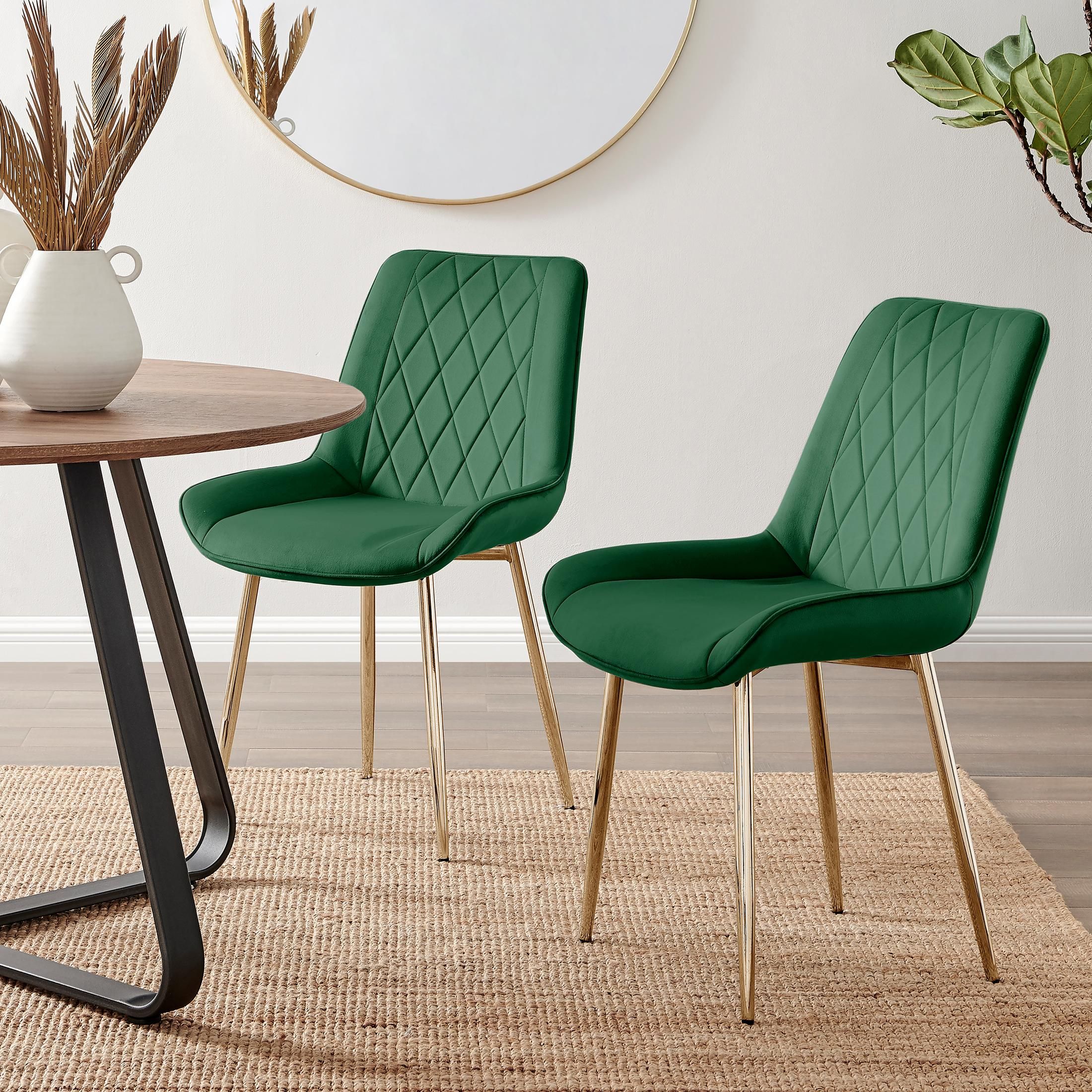 FurnitureboxUK Set of 2 Pesaro Luxury Soft Touch Diamond Pattern Velvet Dining Chairs With Gold Chrome Metal Legs in Green