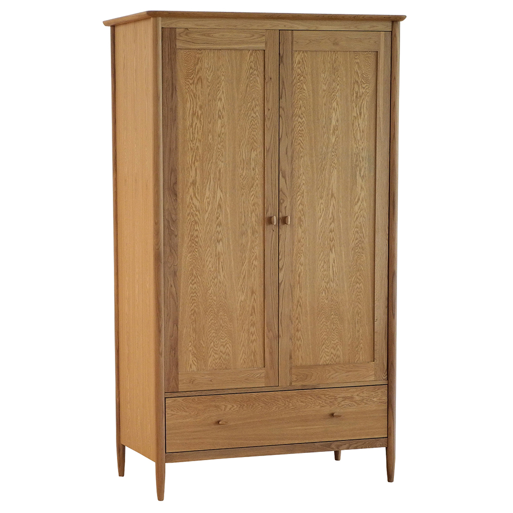 Ercol 2 Door Solid Oak Wardrobe With Drawer - Light Brown - W113 x D61 x H195cm - Barker & Stonehouse