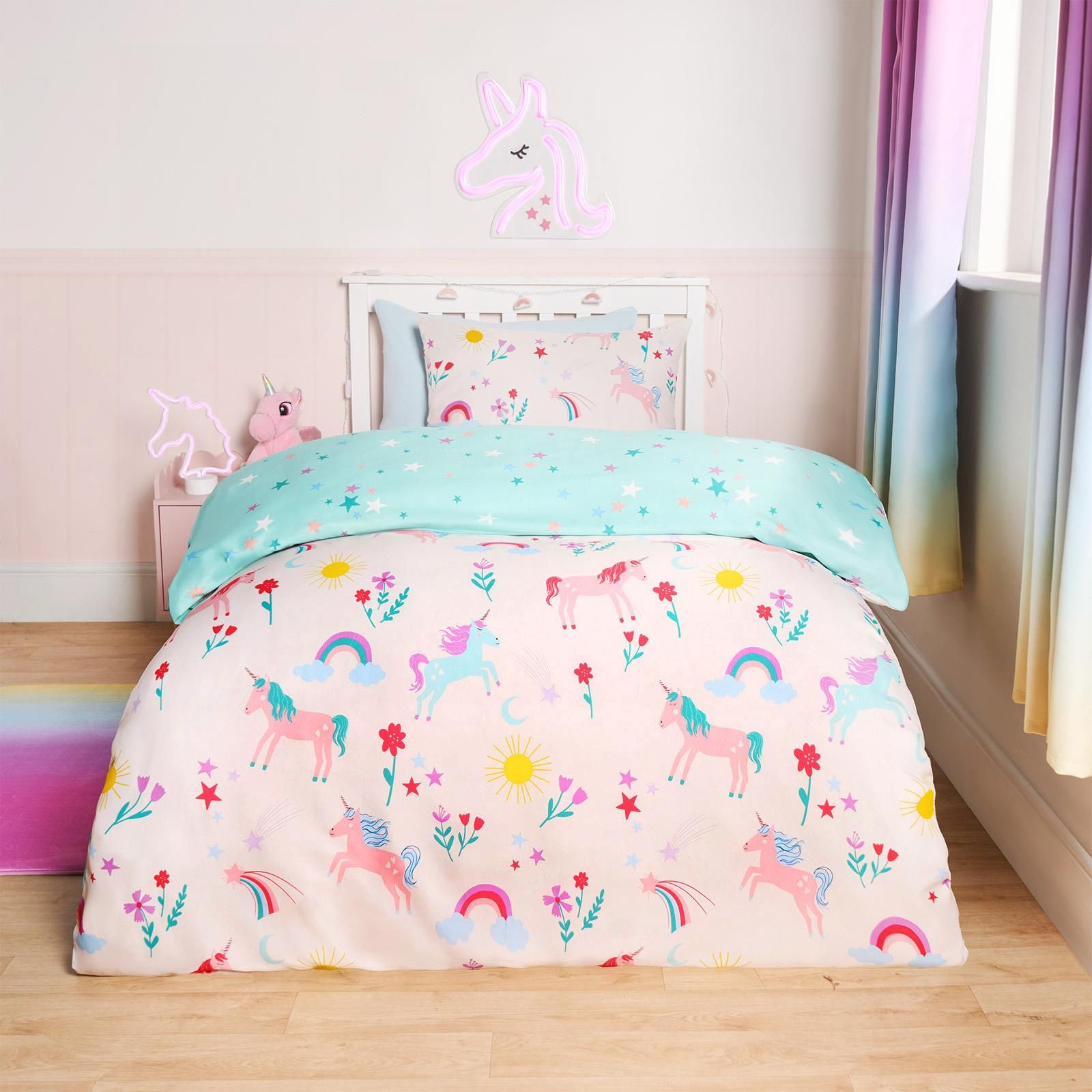 OHS Unicorn Quilt Cover Duvet Pillowcase Magic Rainbow Bedding Set in Pink