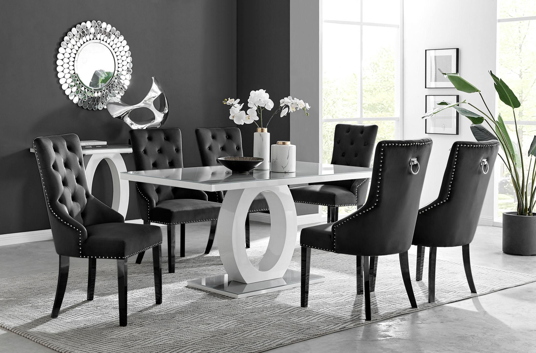 FurnitureboxUK Giovani 6-Seater Grey Glass Dining Table & 6 Belgravia Velvet Dining Chairs in Black