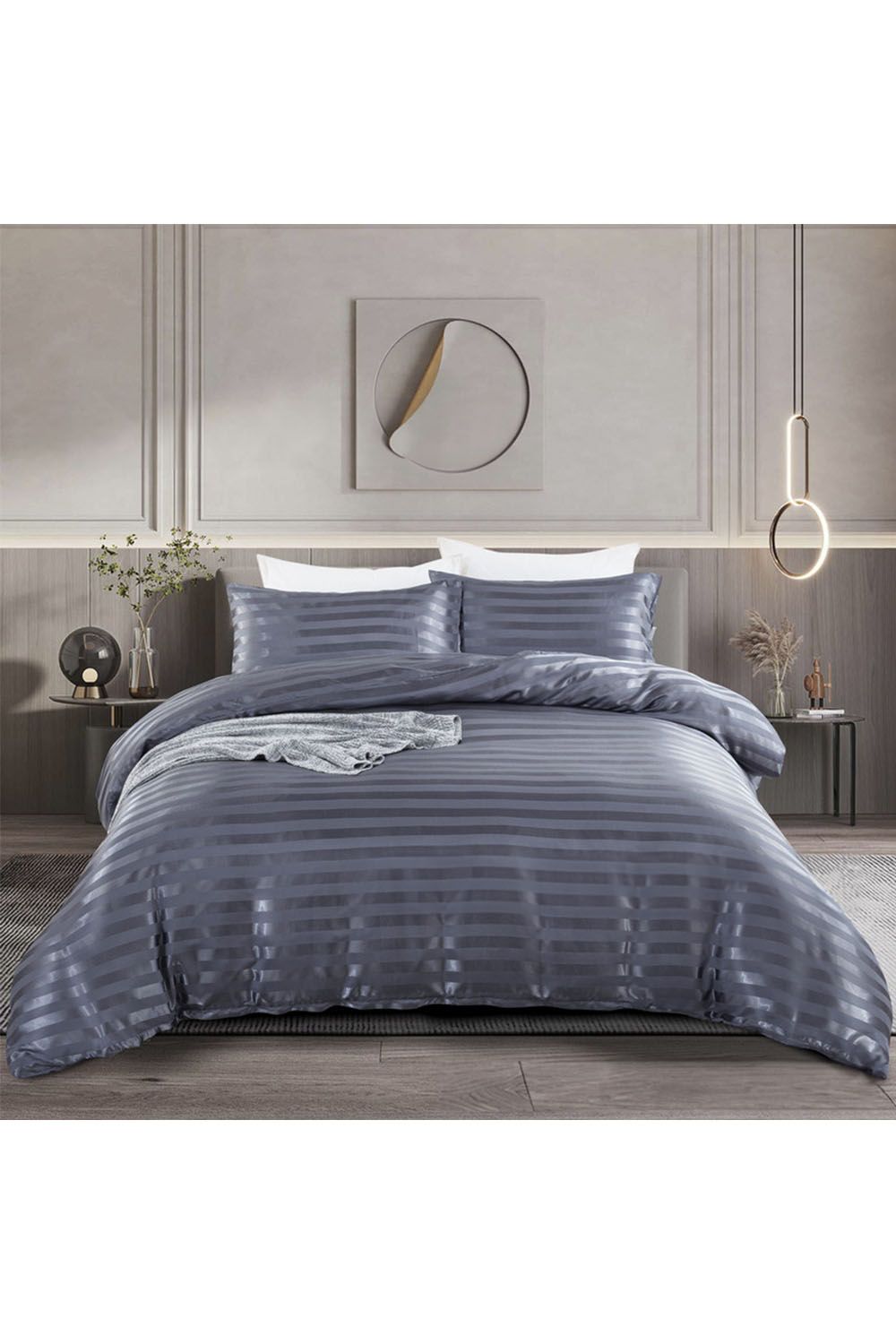 Living and Home Grey Striped Satin Accent Single Duvet Cover Set - 135x200cm Duvet & 50x75cm Pillowcase