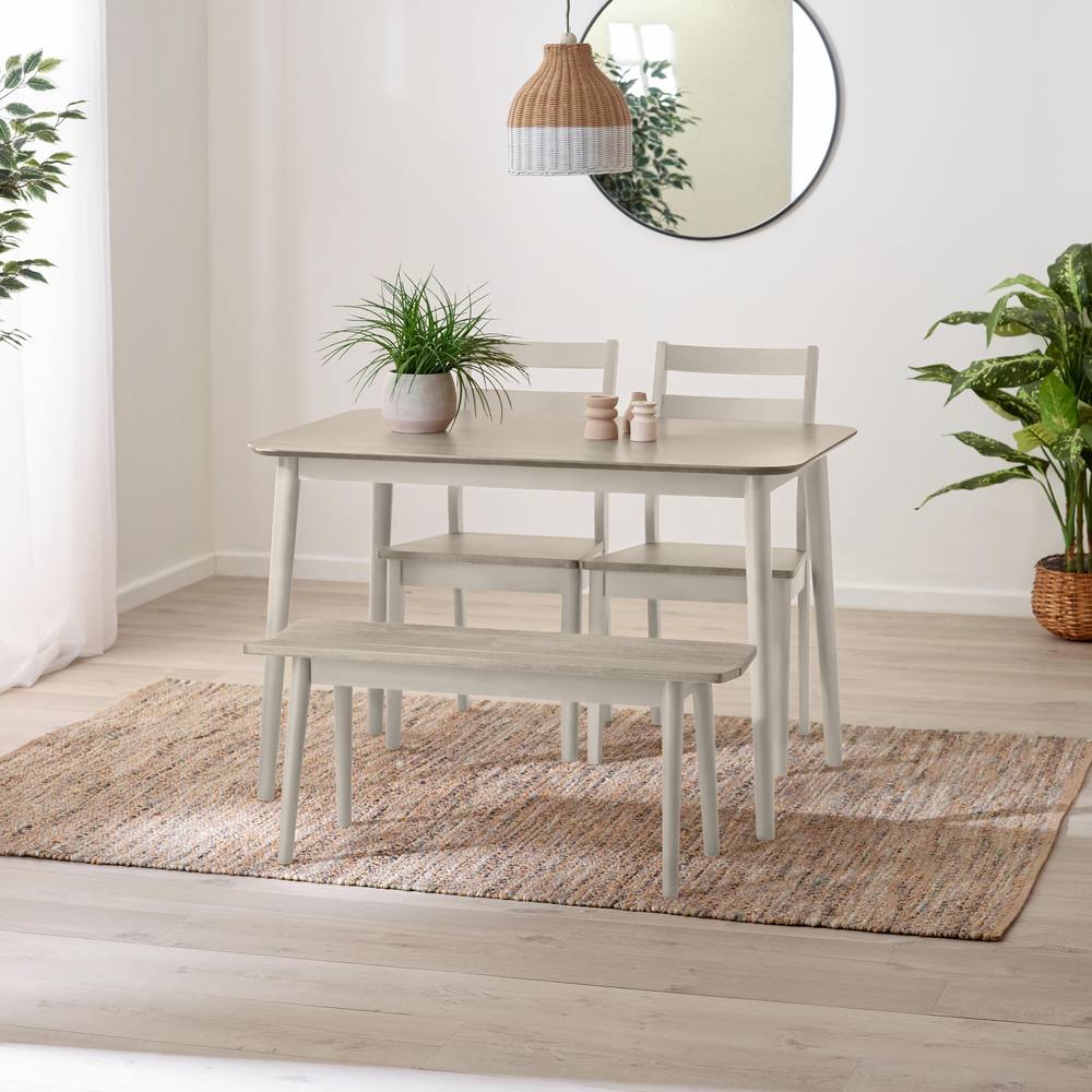 FurnitureboxUK Lynton Small White & Grey Wooden Dining Table with 2 Chairs & Bench in Light Grey