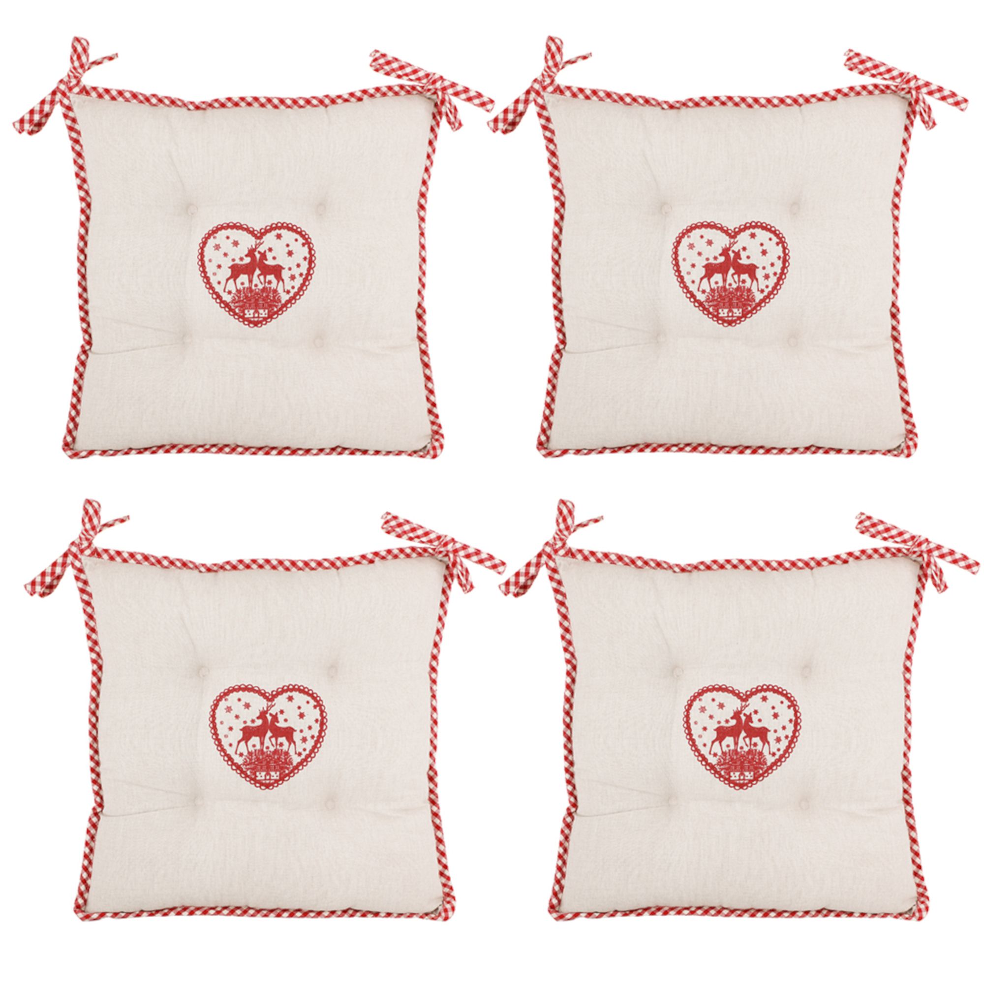 Dibor Set of 4 Gingham Stag Indoor Outdoor Chair Seat Pad Garden Cushions L40cm x W40cm in White