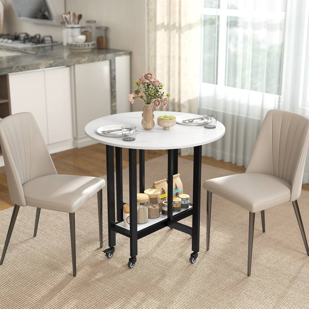 HOMCOM Folding Dining Table, Drop Leaf Table with Open Shelf, White Marble