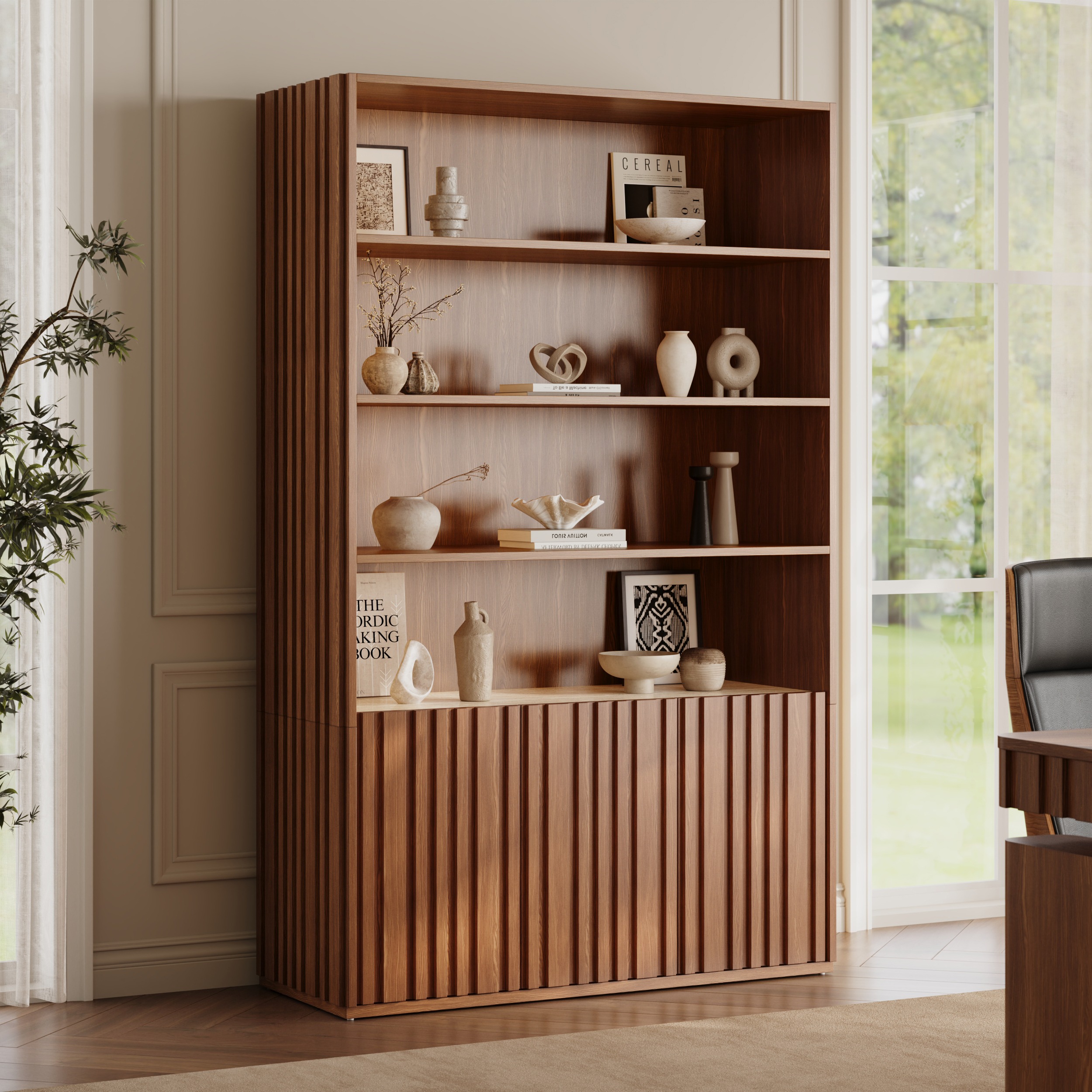 Aura 47” Ash Wood Fluted Walnut Bookcase With Sintered Stone Top