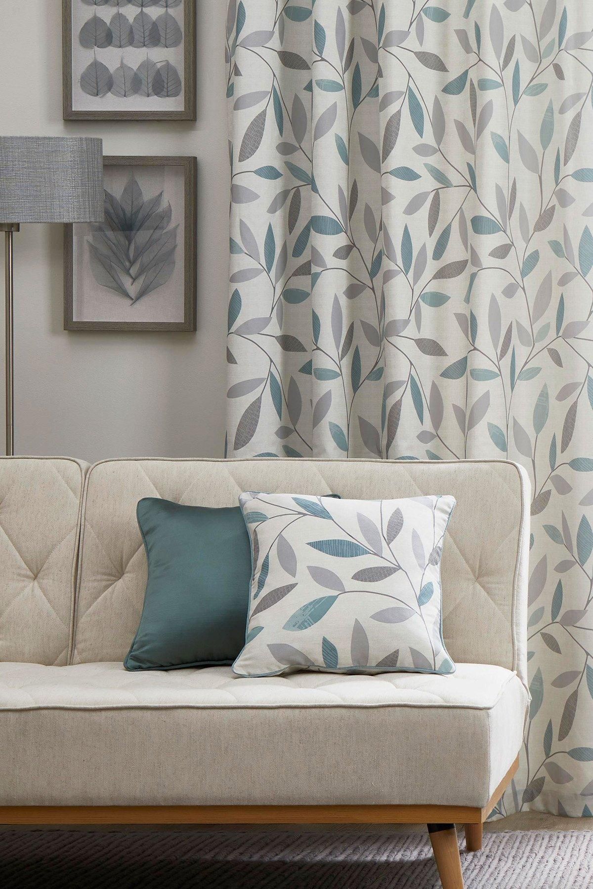 Fusion 'Beechwood' Classic Leaf Trail Print 100% Cotton Filled Cushion in Duck Egg Blue
