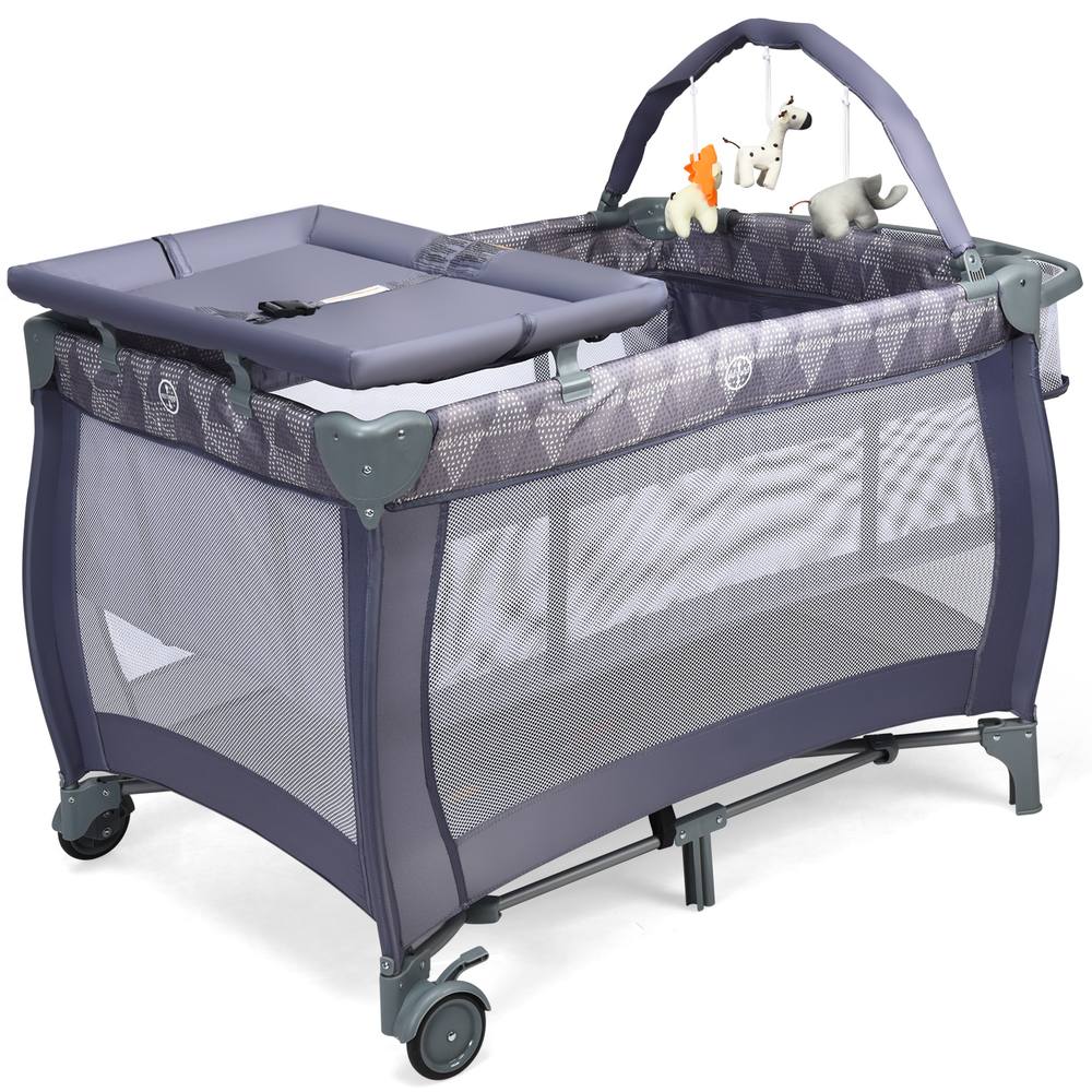 Costway 3 in 1 Travel Cot Foldable Baby Crib Playard w/Bassinet Nursery Center in Grey