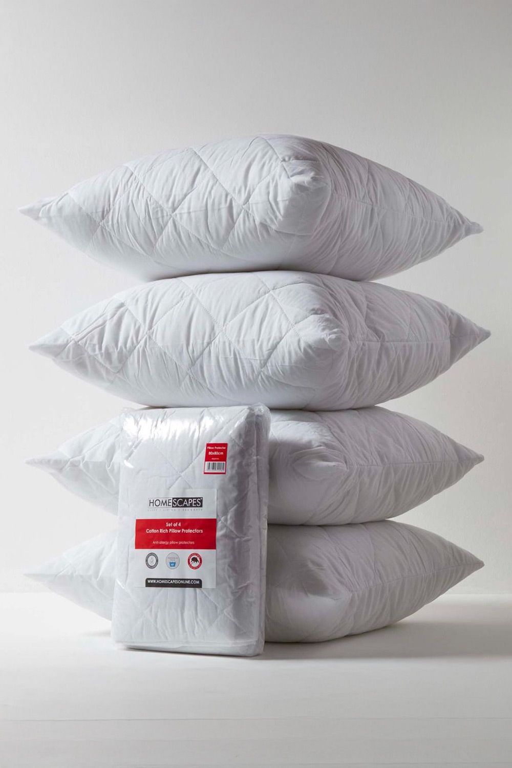 Homescapes Cotton Rich Quilted Pillow Protectors 80 x 80 cm, Pack of 4 in White