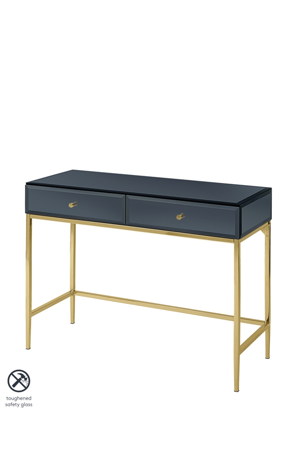Stiletto Toughened Black Glass and Brass Console Table