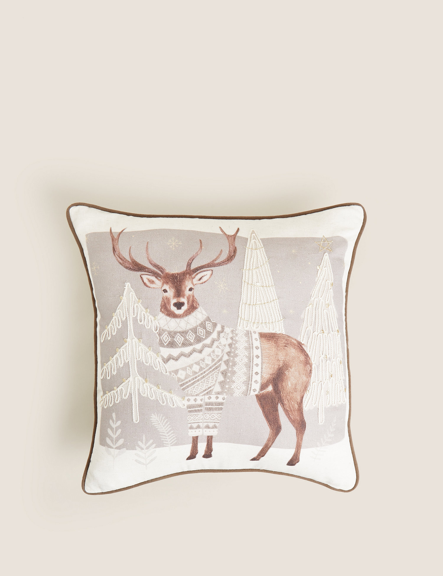 M&S Cotton Rich Winter Stag Piped Cushion