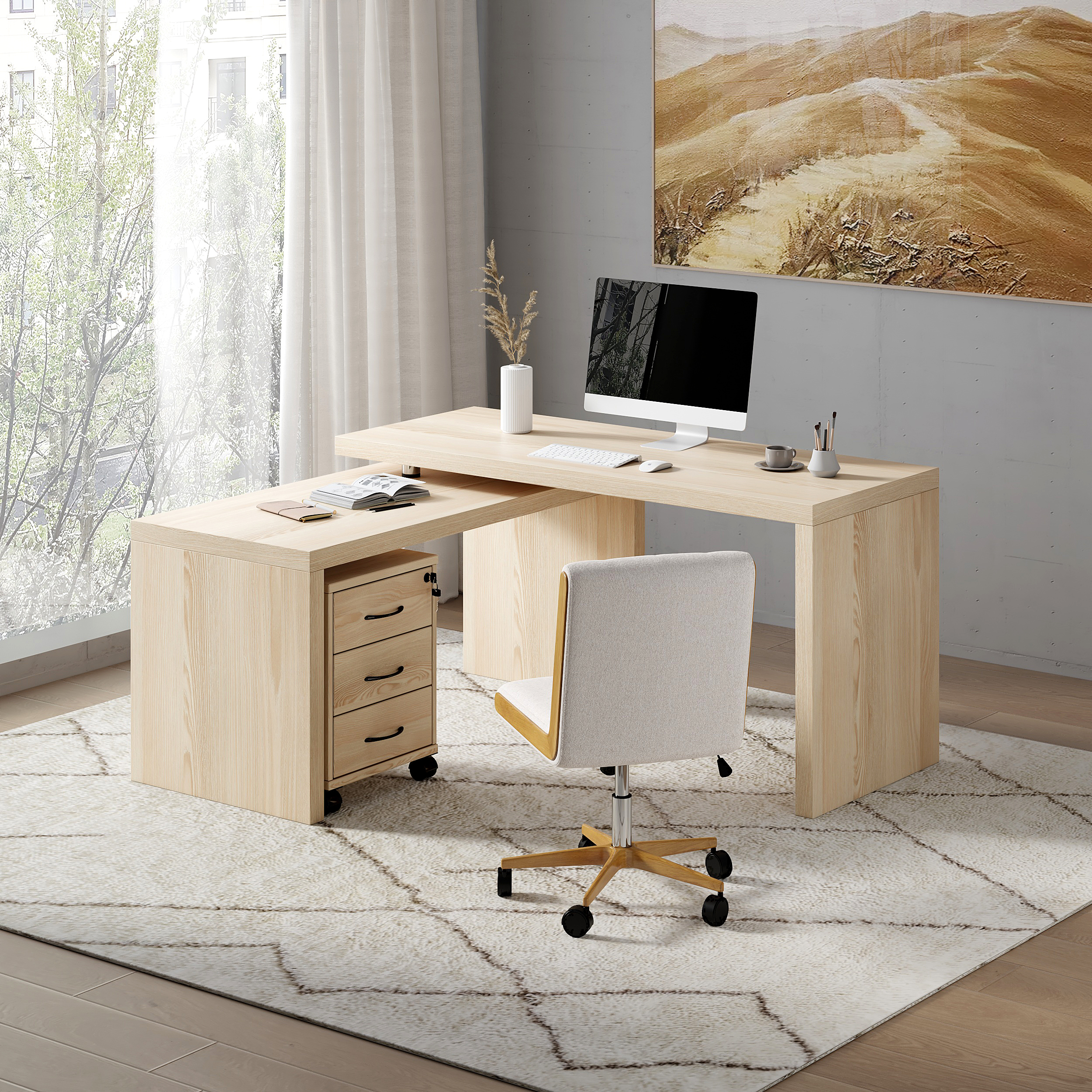 L Shaped Executive Office Desk with with Movable File Cabinet Distressed White Office Furniture (1520mm)