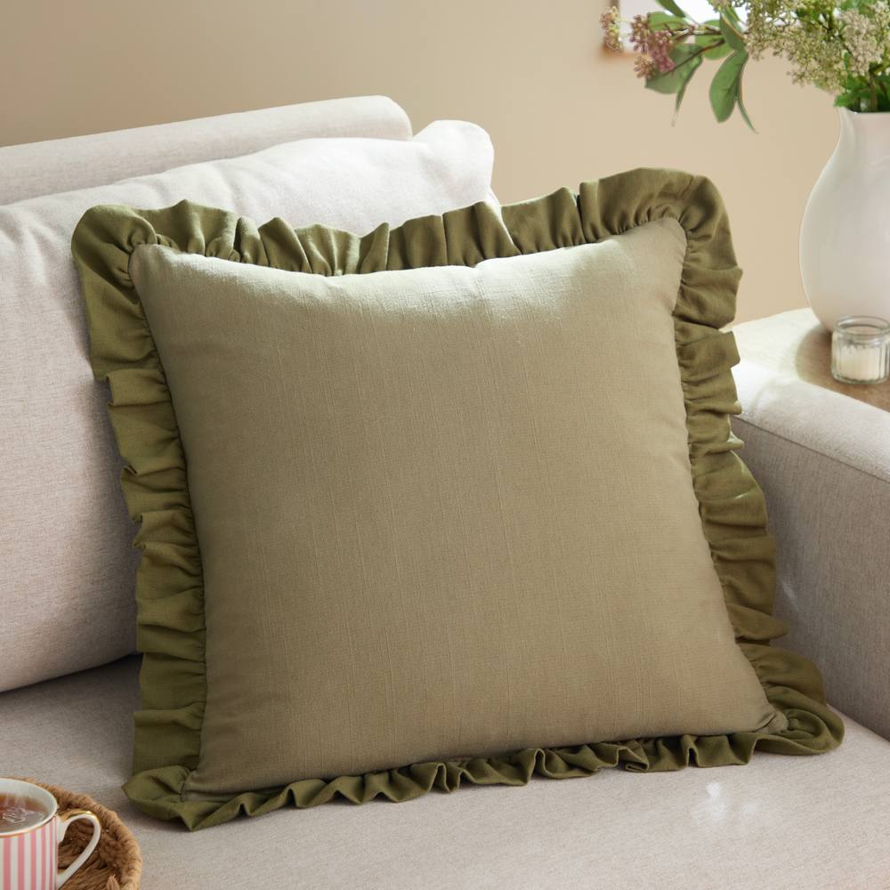 Wylder Effie 100% Cotton Plain Ruffle Cushion in Green