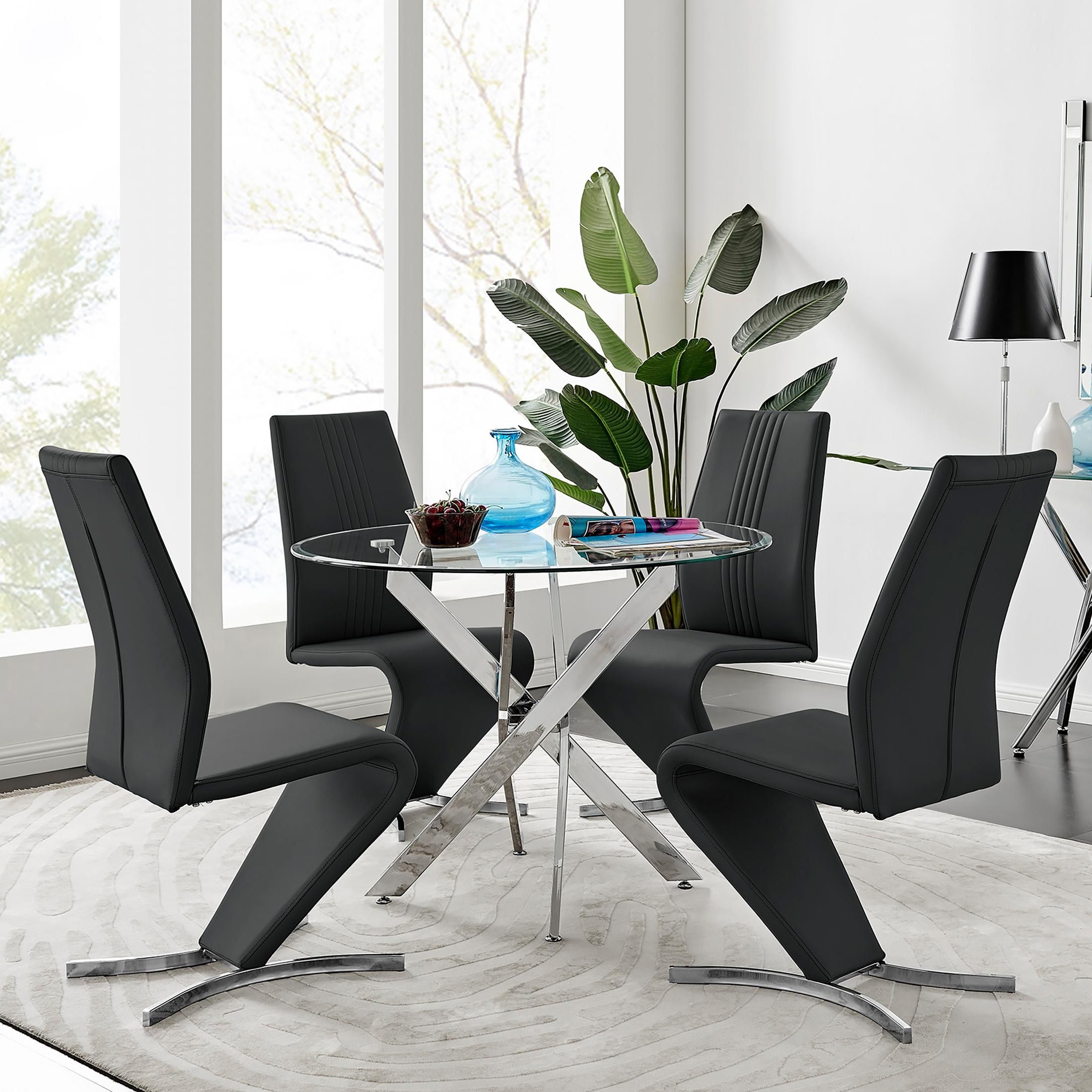 FurnitureboxUK Novara Round 100cm Chrome Metal & Glass Dining Table & 4 Willow Dining Chairs Set in Black