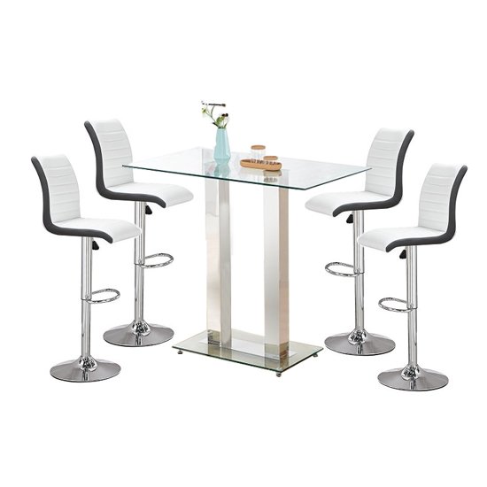 Jet Glass Bar Table With 4 White And Black Ritz Stools