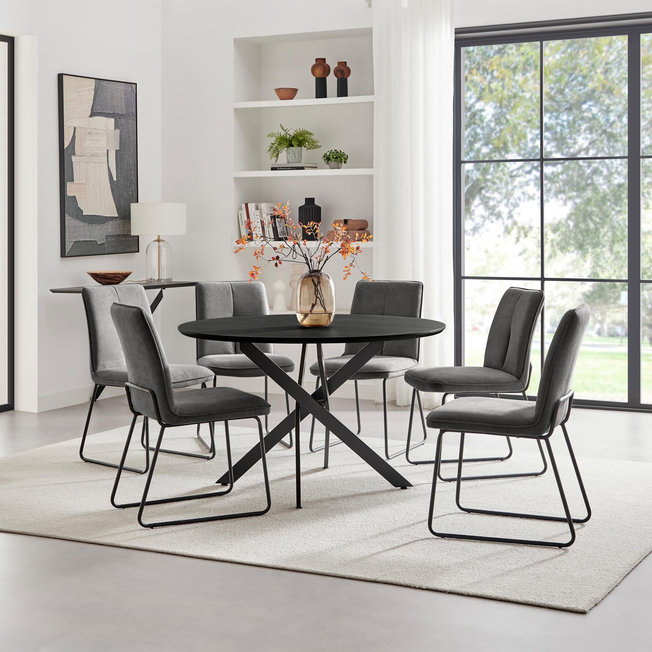 FurnitureboxUK Novara Black Top Dining Table & 6 Halley Fabric Chairs in Dark Grey