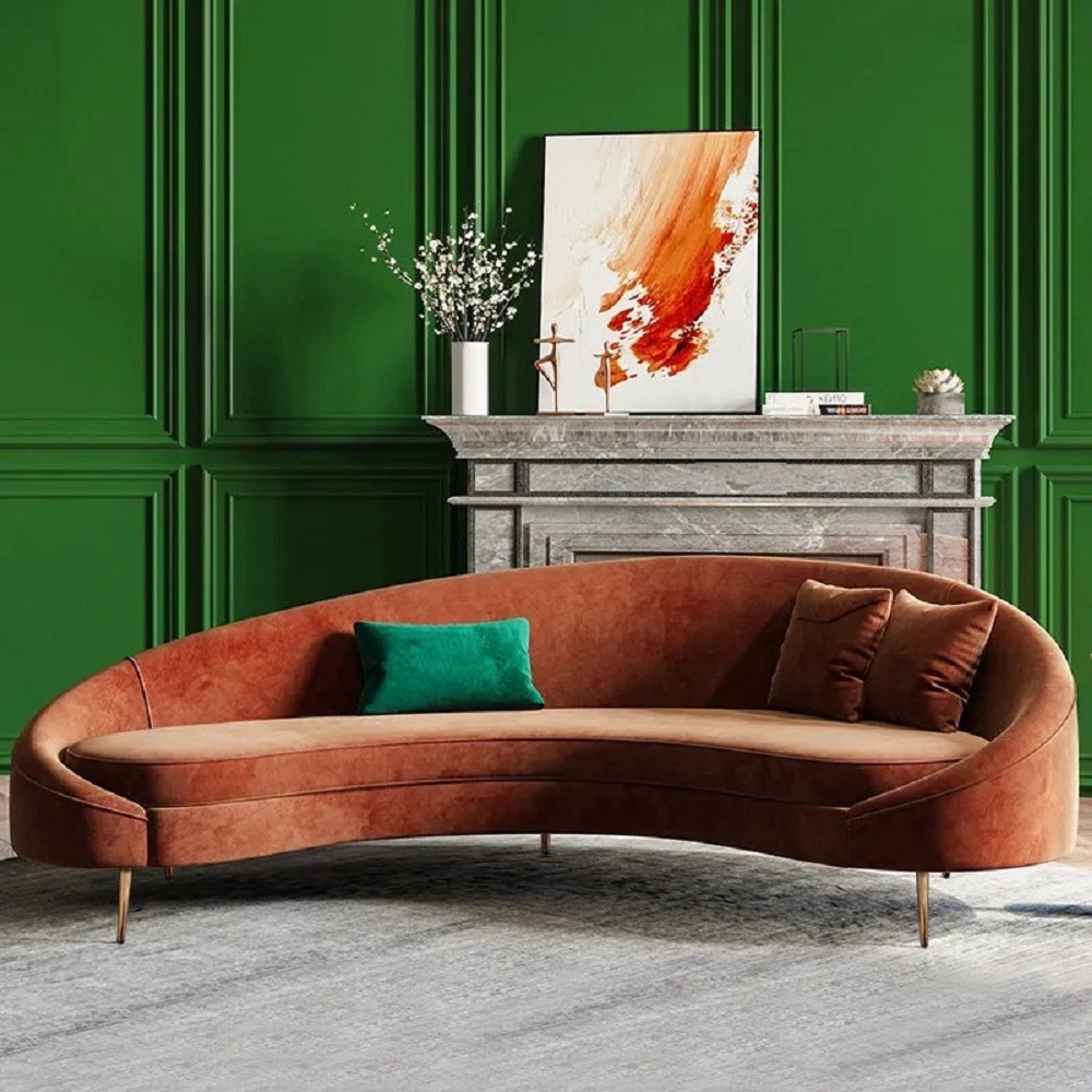 Modern 210 cm Bronze Velvet Curved Sofa 3-Seater Sofa Toss Pillow Included
