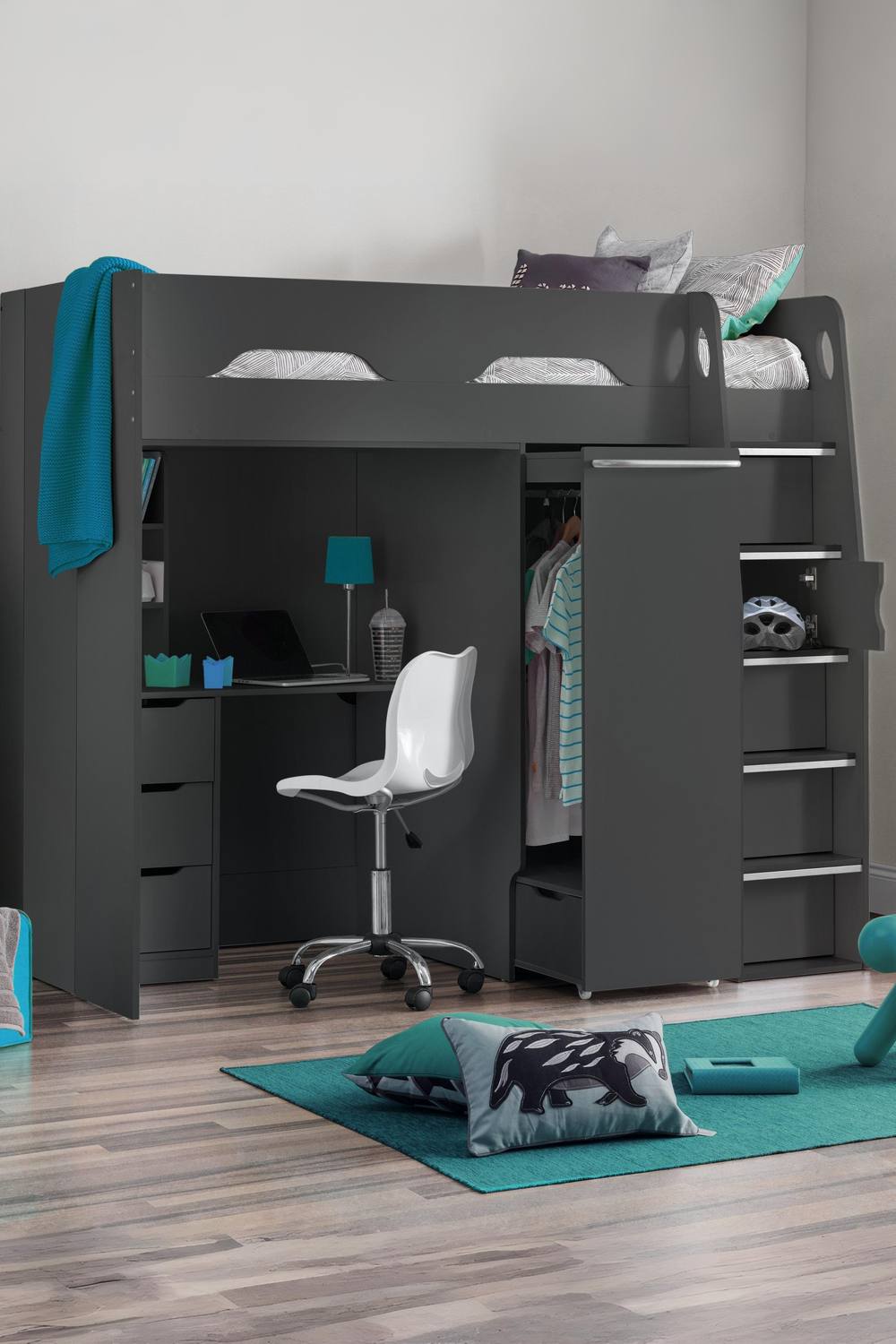 Julian Bowen Pegasus Highsleeper Loft Bed with Desk in Dark Grey