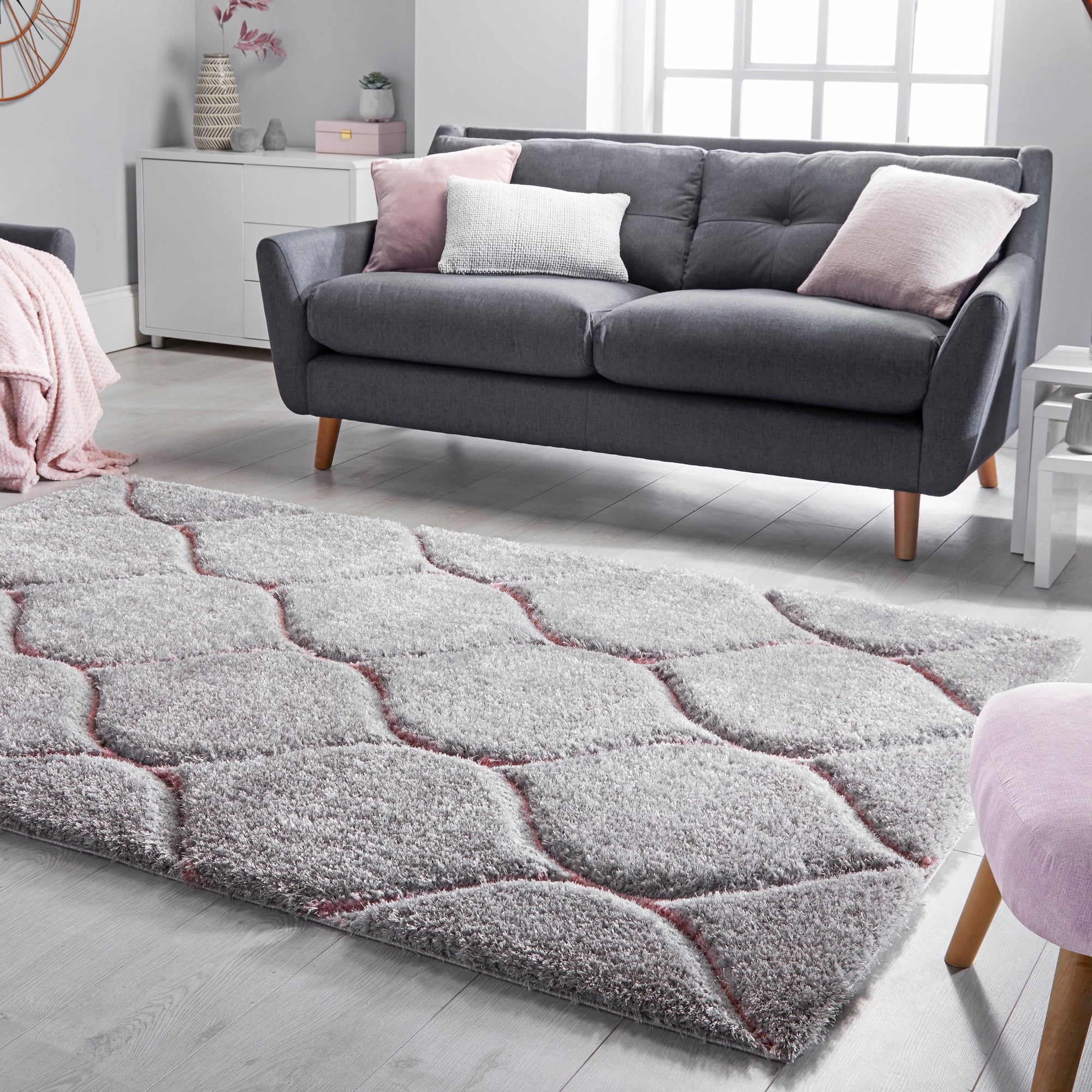 Sirocca Shaggy Geometric Rug Pink