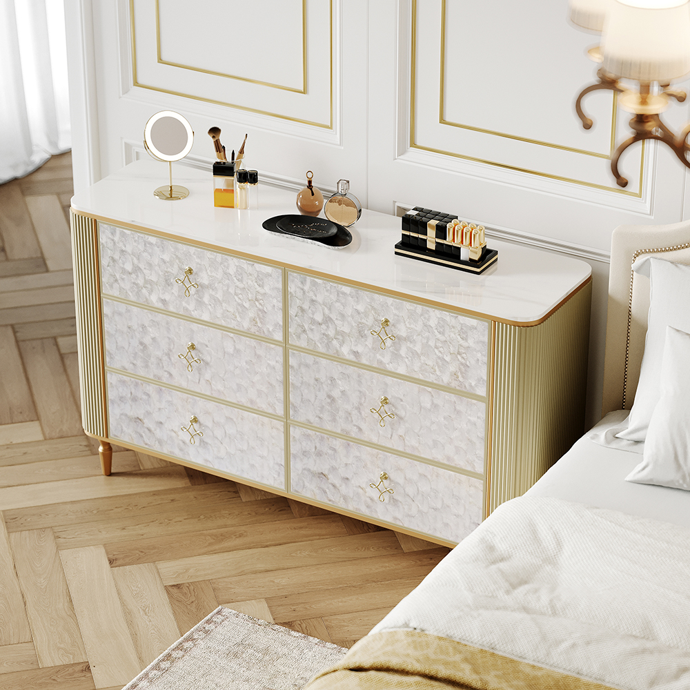 Art Deco 6 Drawer Dresser Capiz Shell Beige Chest Storage Cabinet with Sintered Stone Top