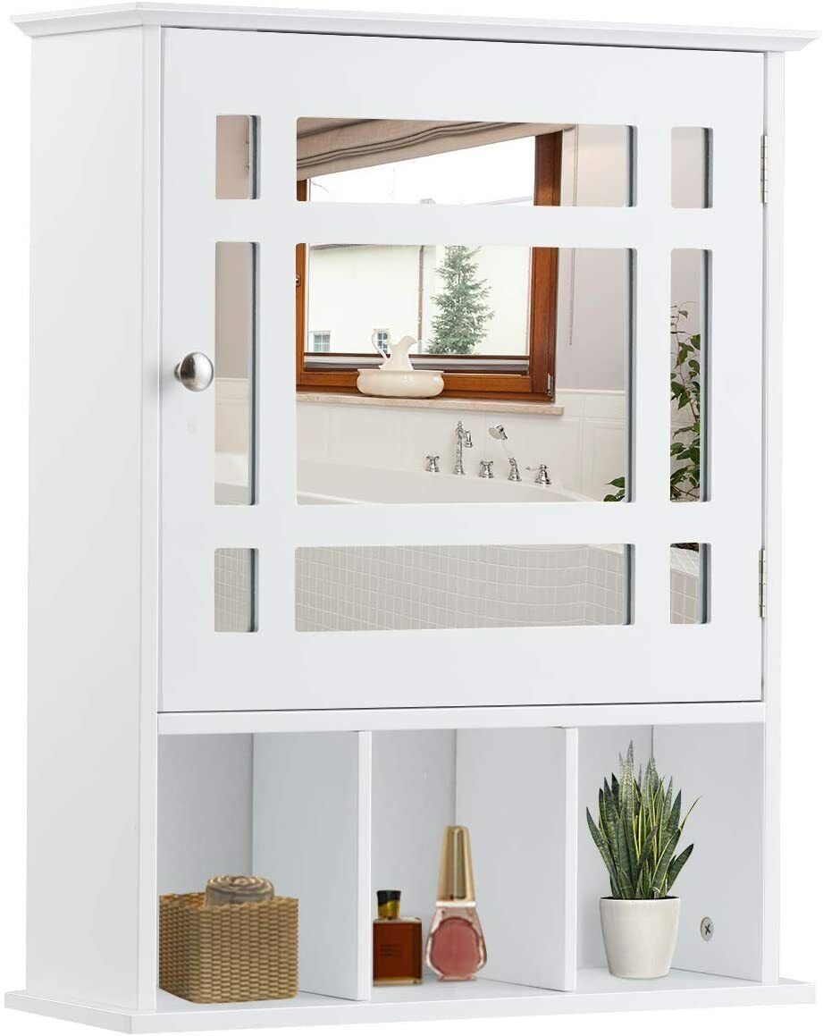 Costway Bathroom Wall Storage Cabinet Wooden Hanging Medicine Organizer with Mirror White