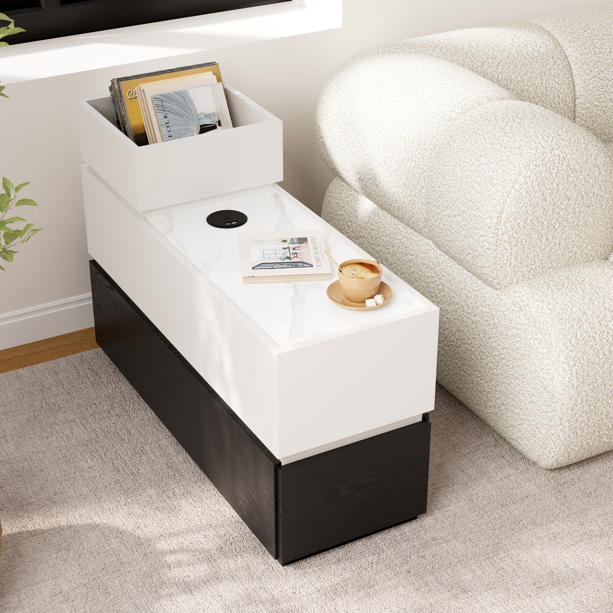 Sintered Stone Top Narrow Smart Side Table with Storage Modern White & Black End Table with USB Charging