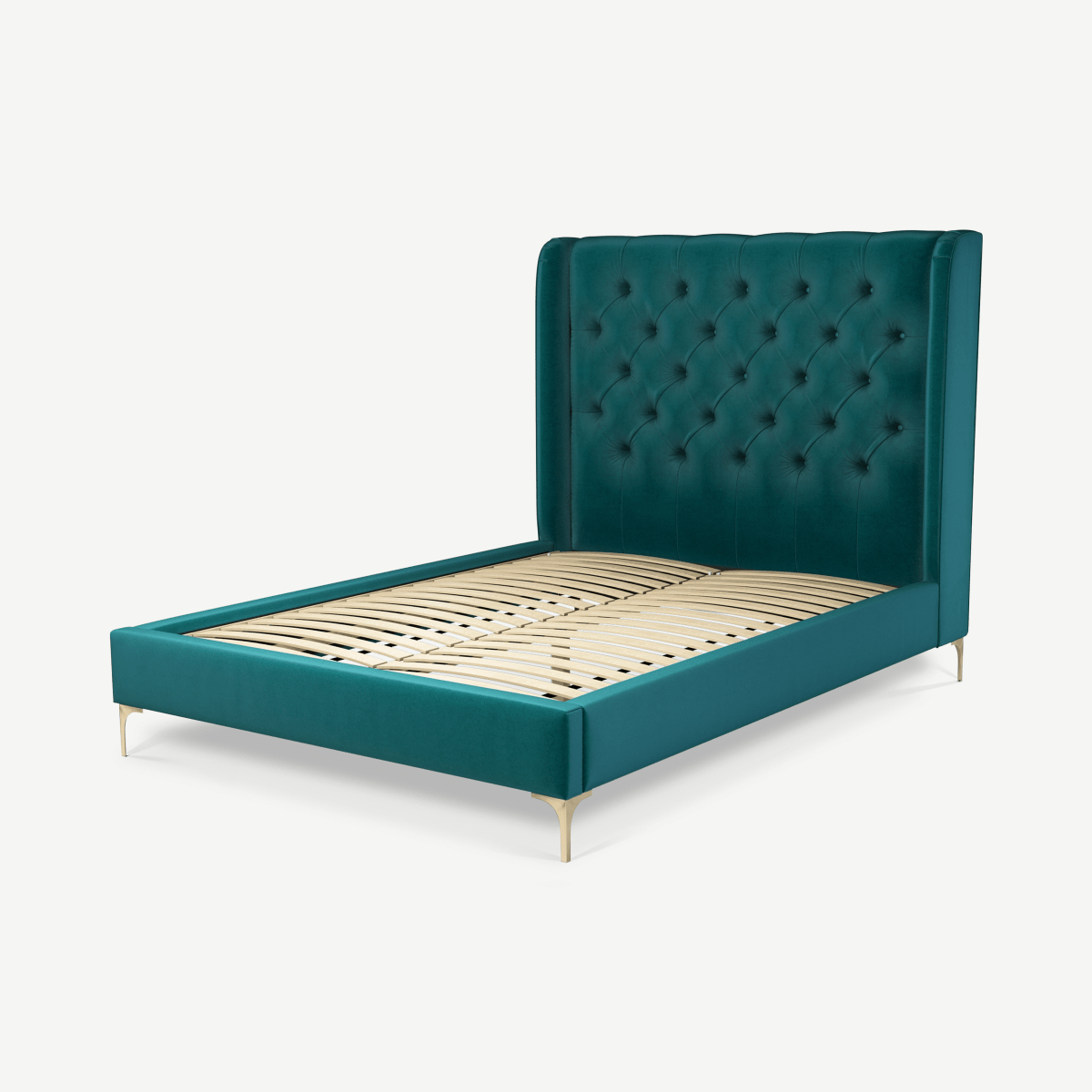 Romare Double Bed, Tuscan Teal Velvet with Brass Legs