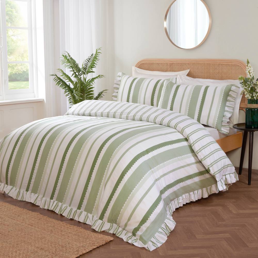 Rapport Home Maya Stripe Polycotton Reversible Duvet Cover Set with Pillowcase in Green
