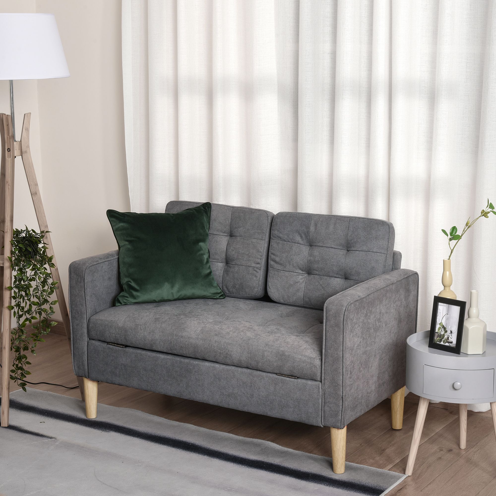 HOMCOM Compact Loveseat Sofa 2 Seater Sofa with Storage & Wood Legs in Grey
