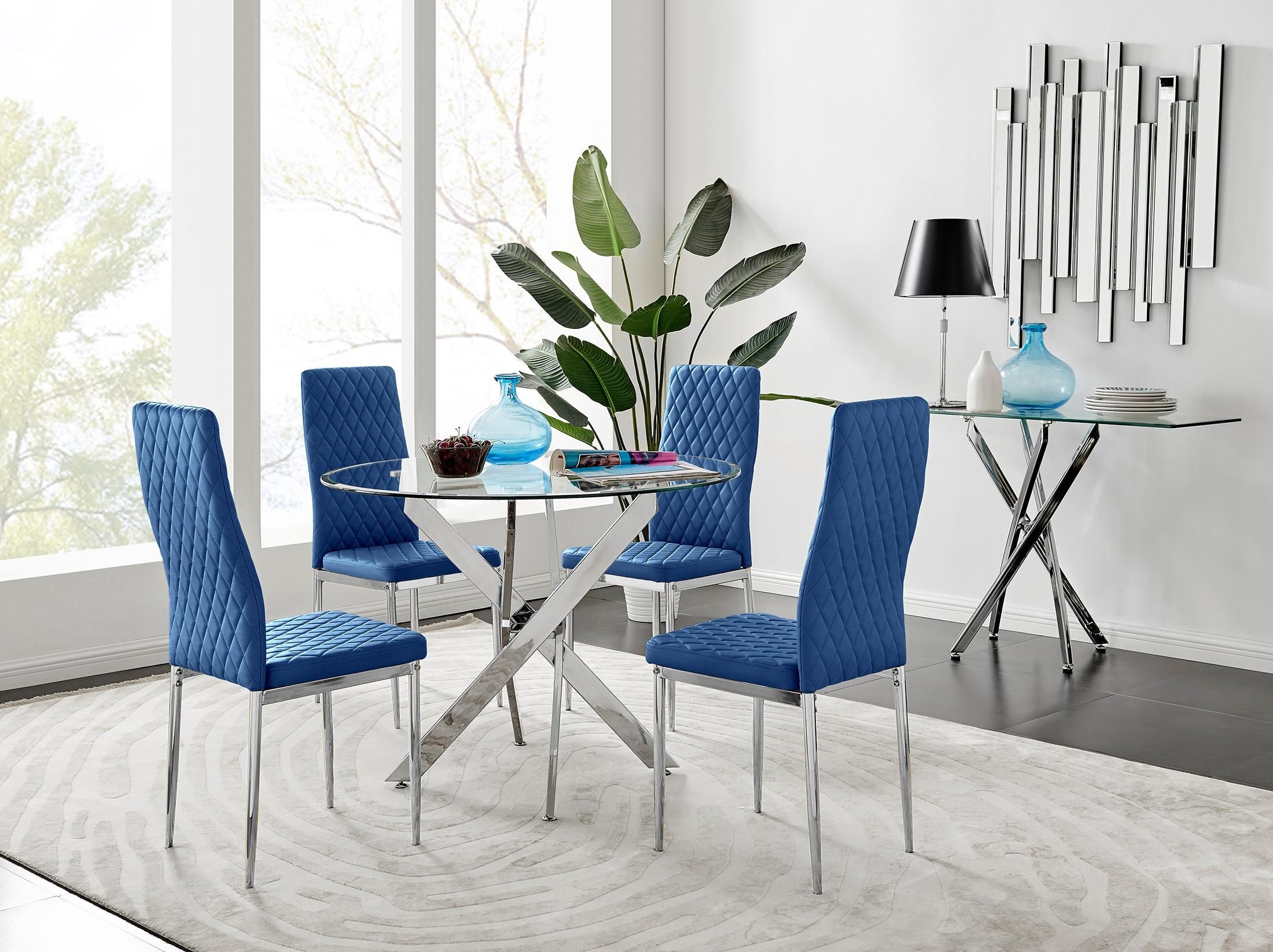 FurnitureboxUK Novara 100cm Round Dining Table & 4 Velvet Milan Chairs in Navy