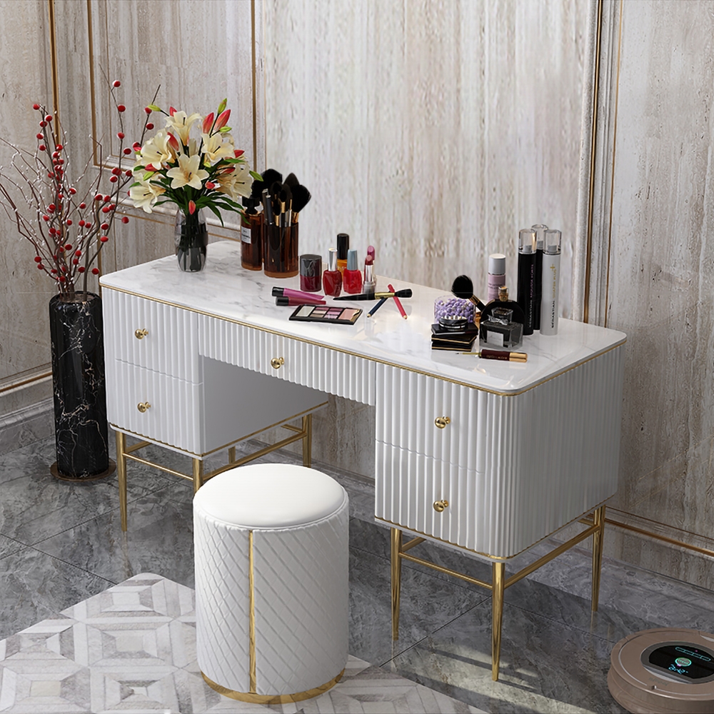 Bline White Dressing Table Faux Marble Dressing Table with Drawers Gold Stainless Steel