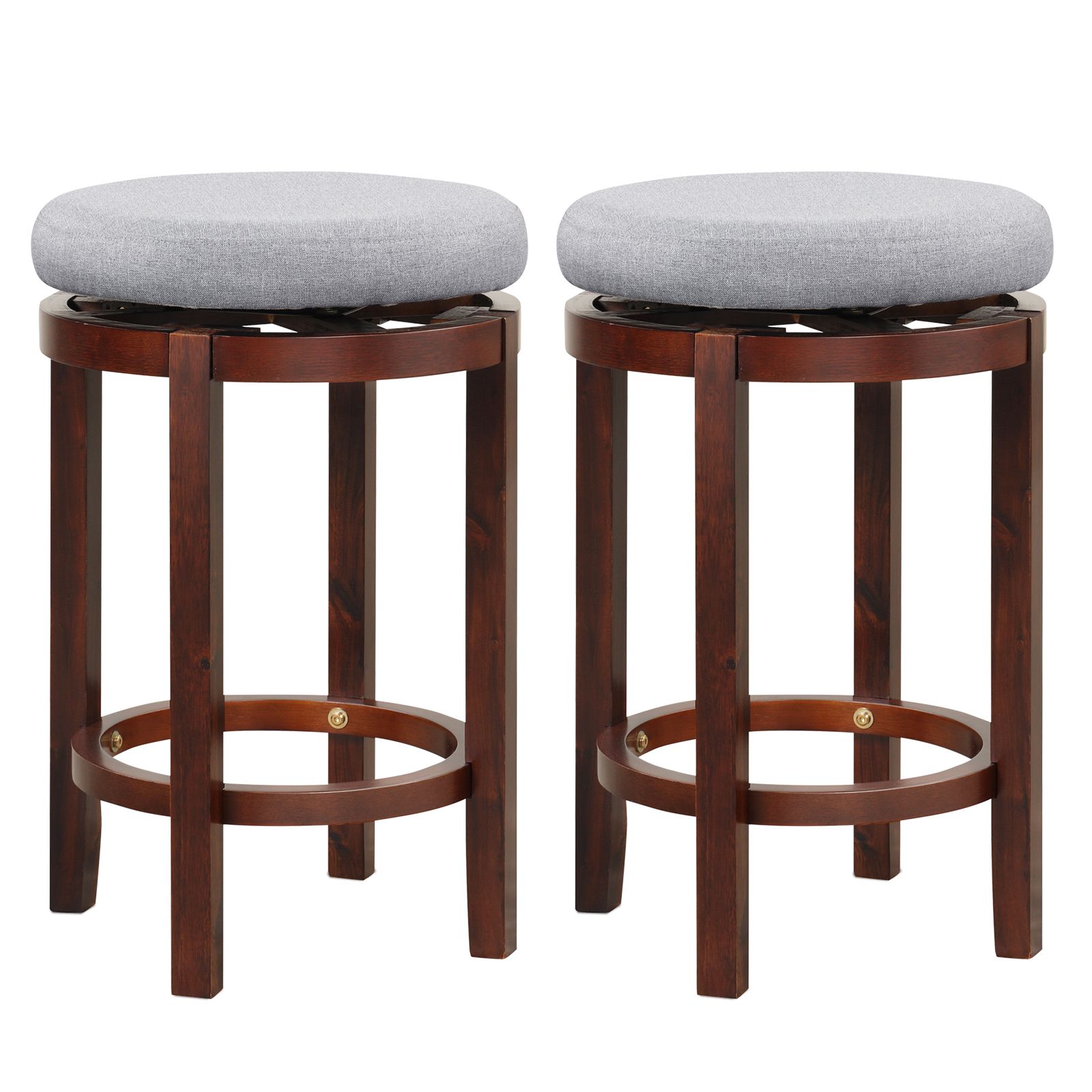 Costway Set of 2 Bar Stools Wooden Counter Height Chair 360° Swivel Kitchen Padded Seat in Grey