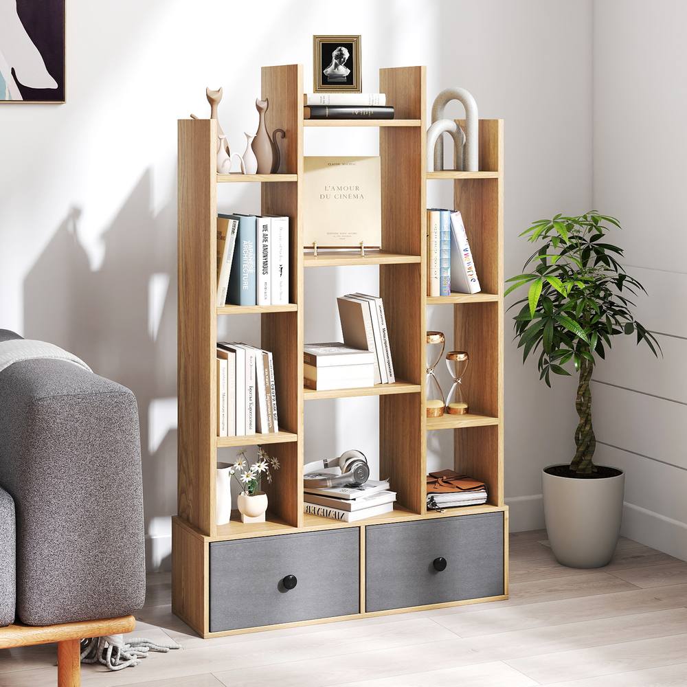 Costway 12 Tier Bookshelf Open Storage Wood Bookcase Organizer Display Shelf in Natural