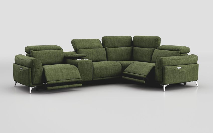 Green Fabric Gattolino 2 Corner 1 Power Recliner Sofa with Manual Head Tilt & Console