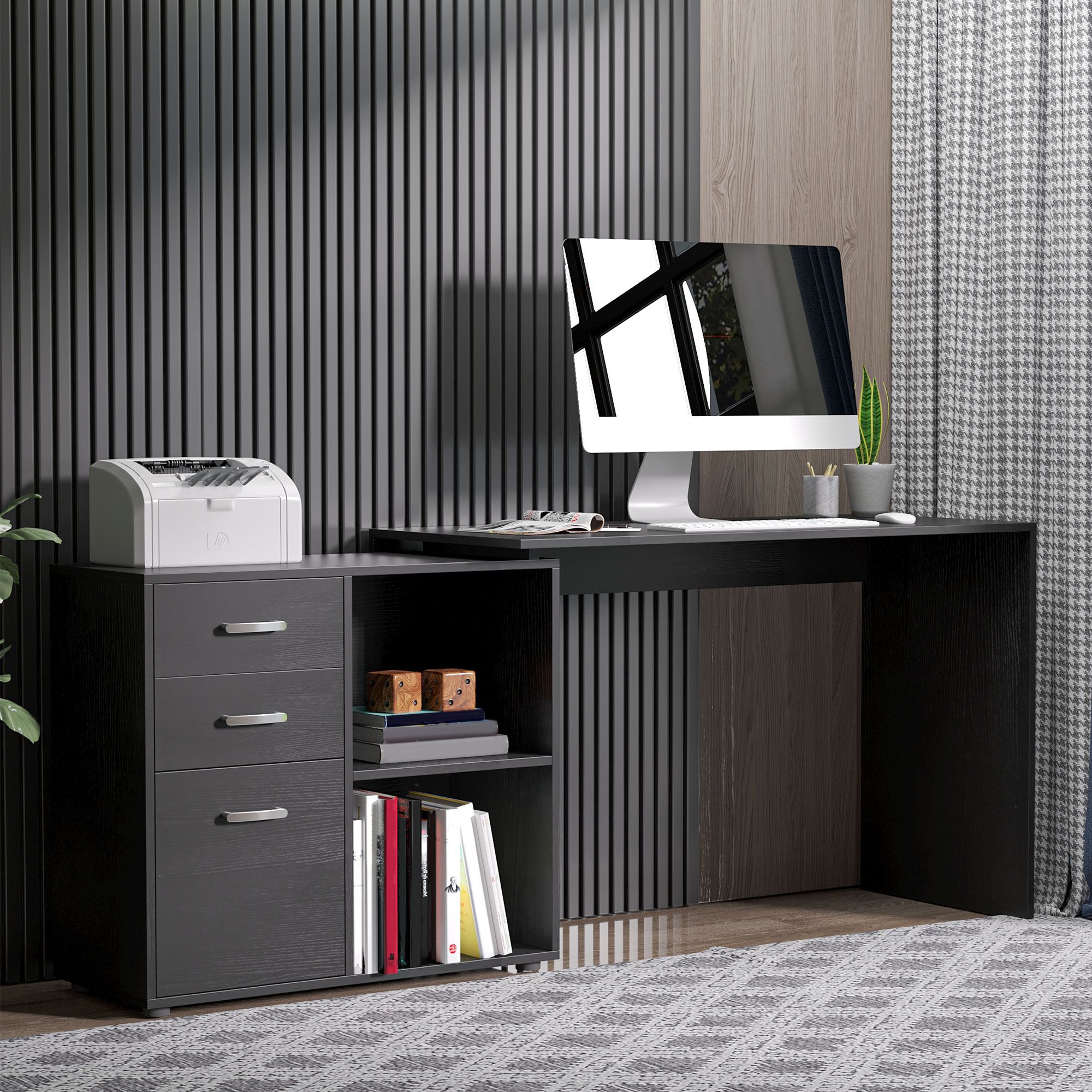 HOMCOM Computer Desk Table Workstation L Shape Drawer Shelf File Cabinet in Black