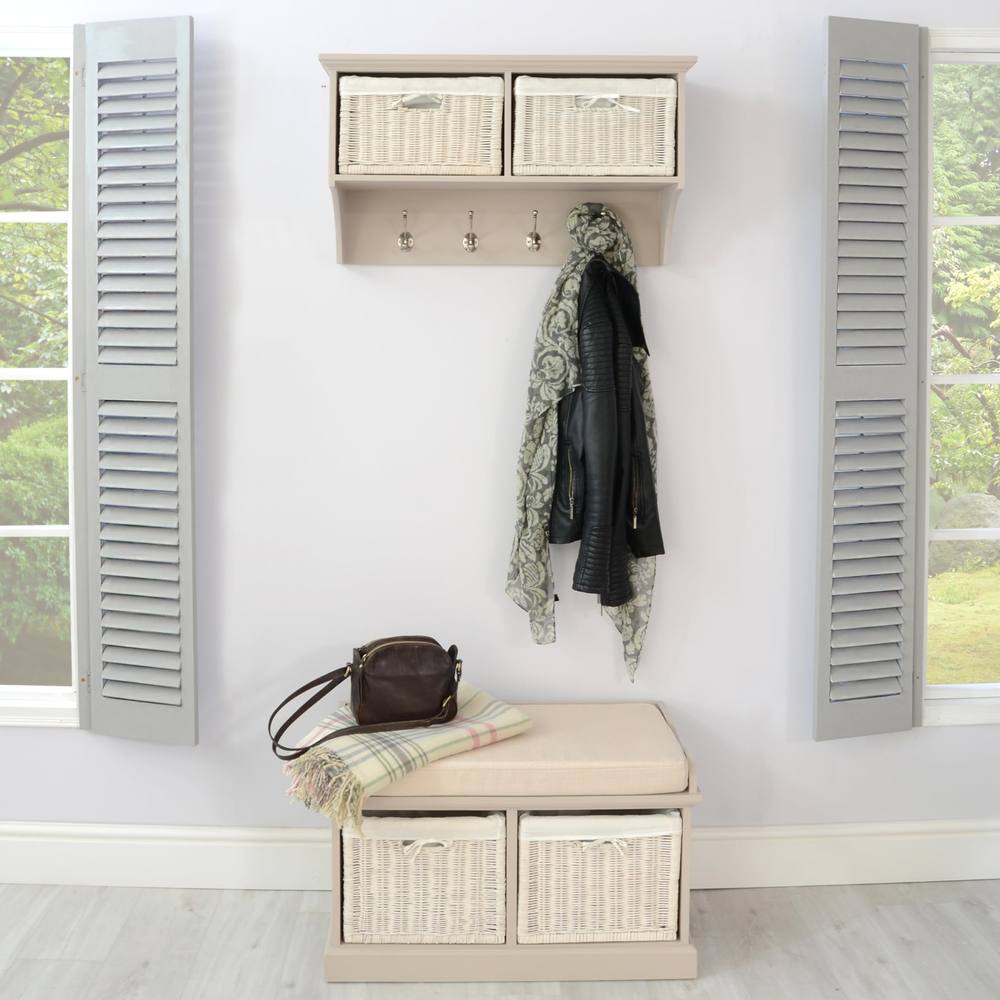 Statement Furniture Tetbury 2 White Wicker Basket & Cream Cushion Hallway Set in Taupe