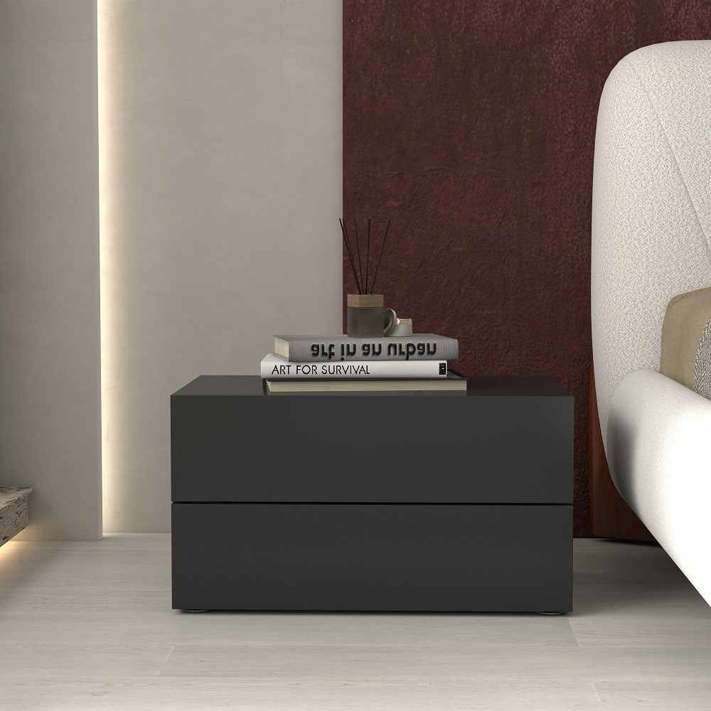 600 mm Modern Minimalist Black Bedroom Bedside Table with 2 Drawers