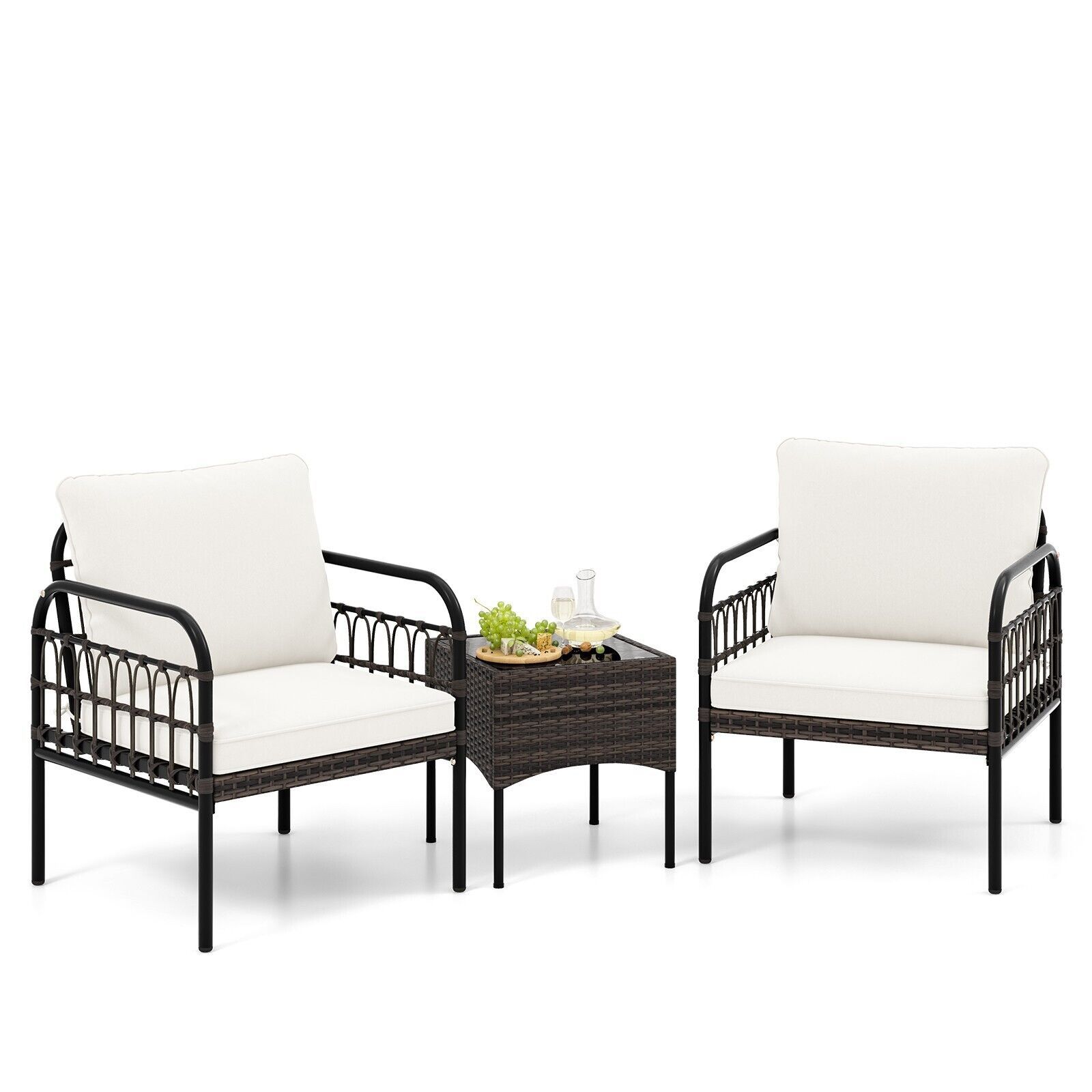 Costway 3 Pieces Rocking Bistro Set Outdoor Wicker Furniture Tempered Glass Coffee Table in White
