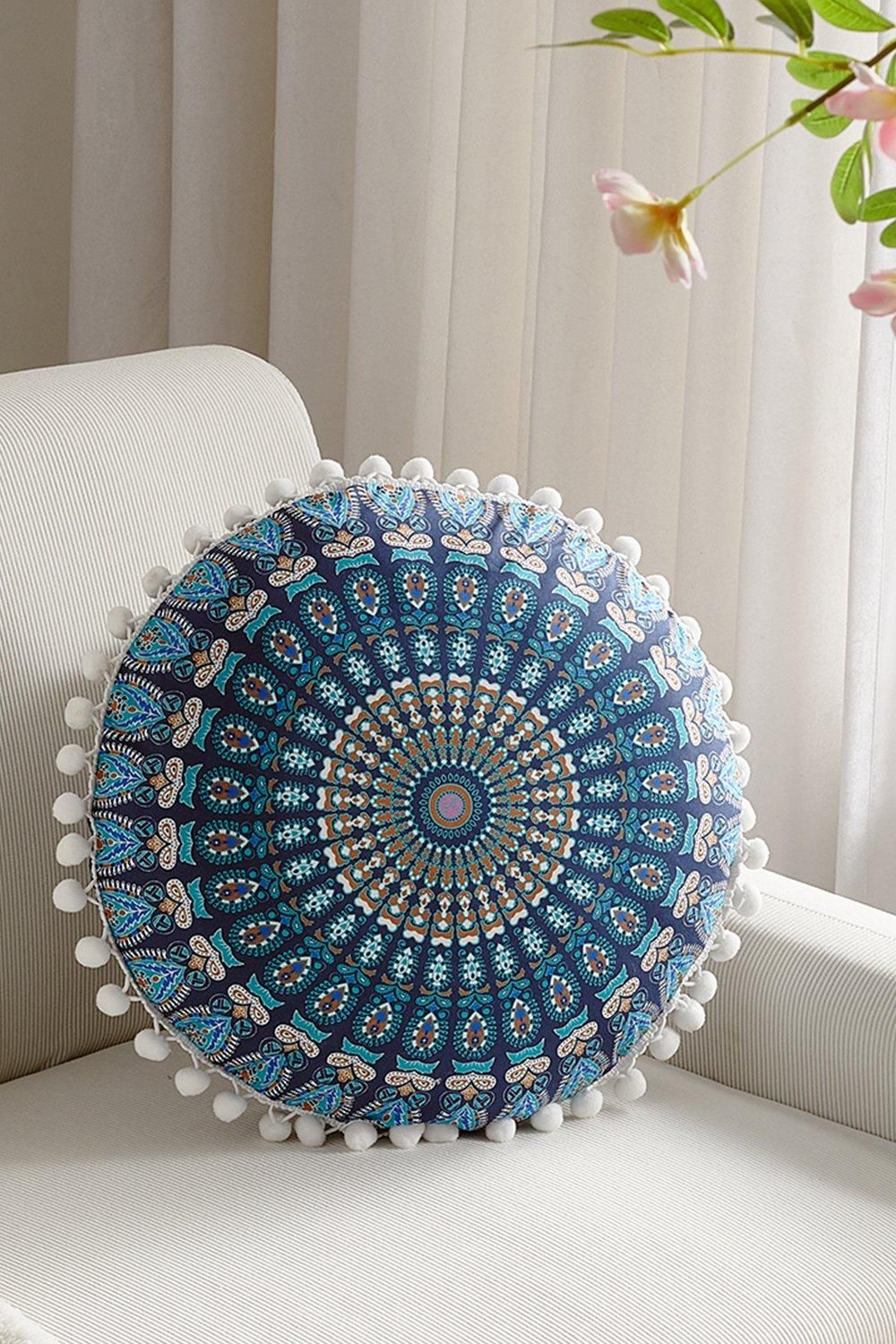 H&O Direct Decorative Ethnic Round Throw Pillow Cover in Blue