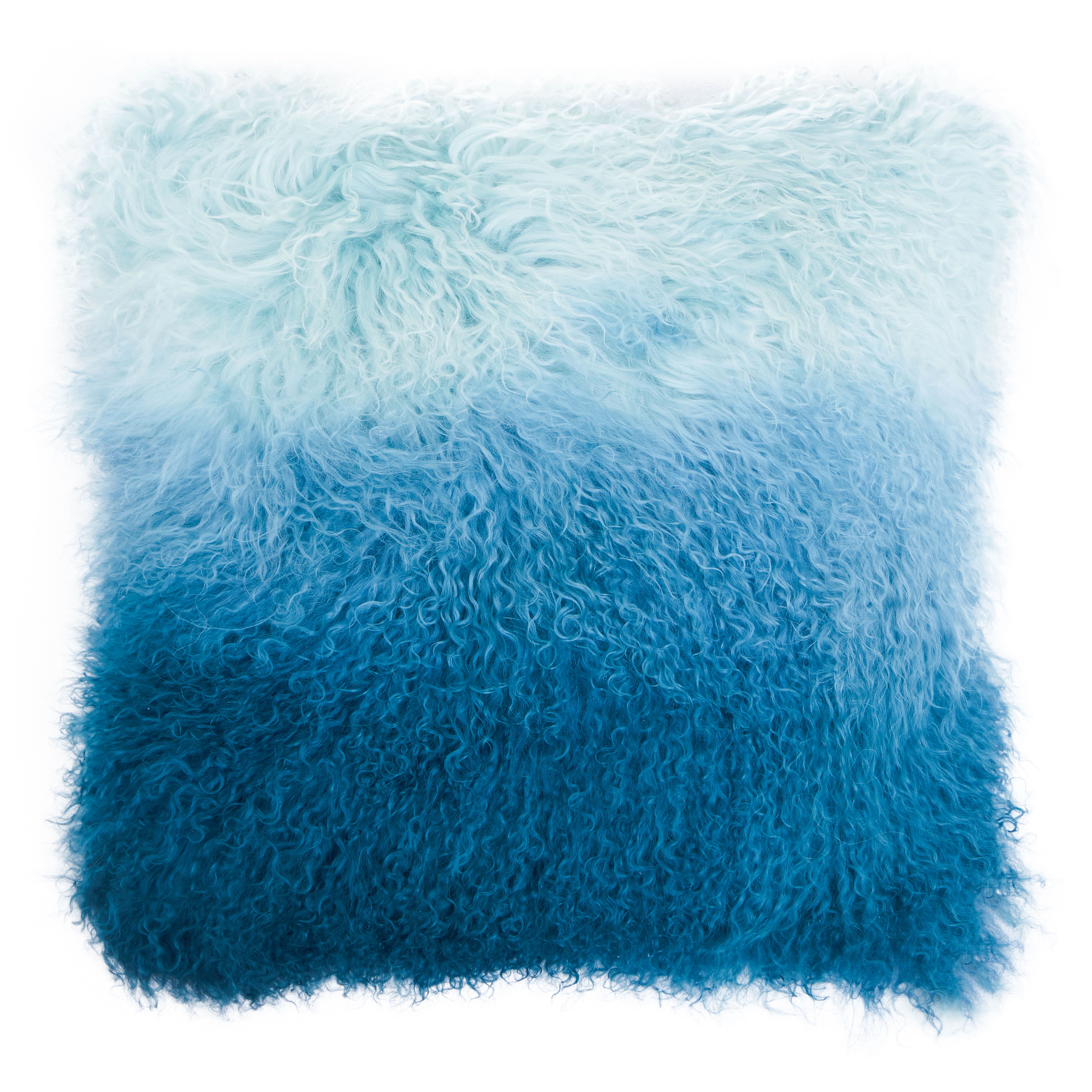Orsina Blue Ombre Mongolian Lamb Fur Square Cushion, Luxe Gradient Faux Fur Throw Pillow with Feather Filler