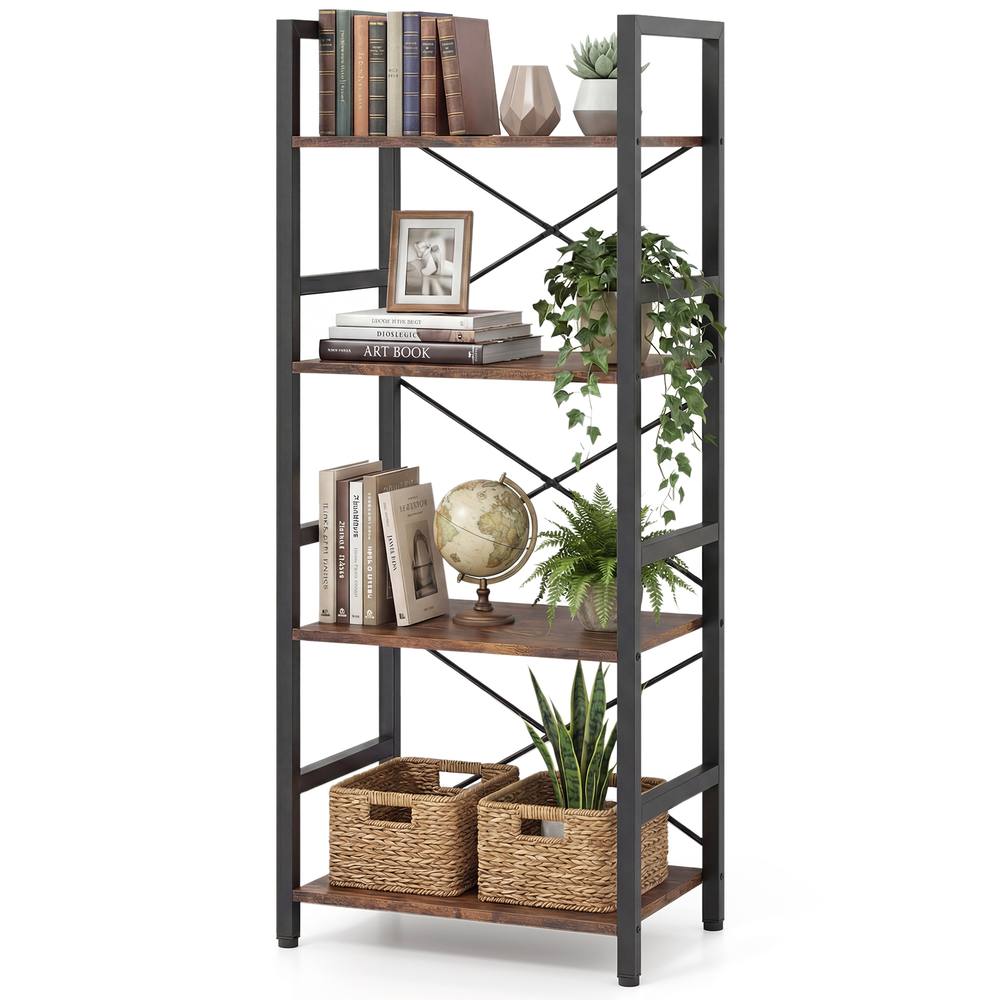 Costway Narrow Bookshelf 4-Tier Freestanding Bookcase Industrial Display Rack in Brown