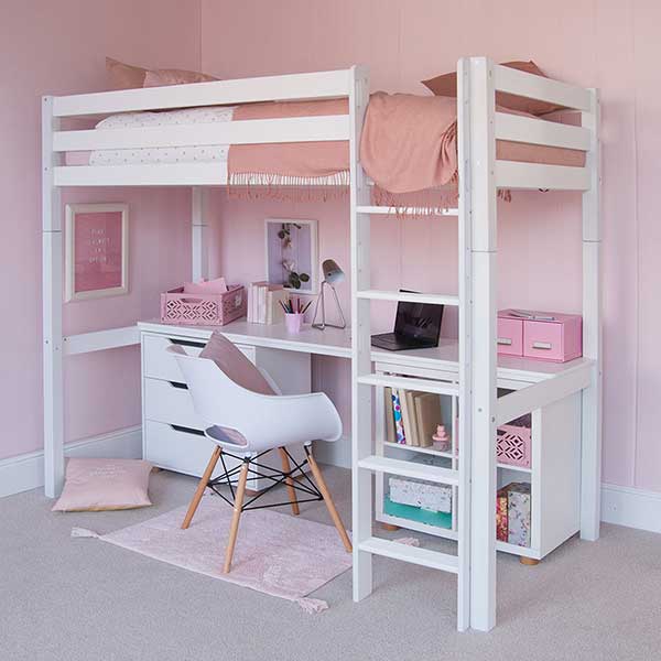 Buddy Childrens Beech Highsleeper Loft Bed With Full Length Desk  Stor