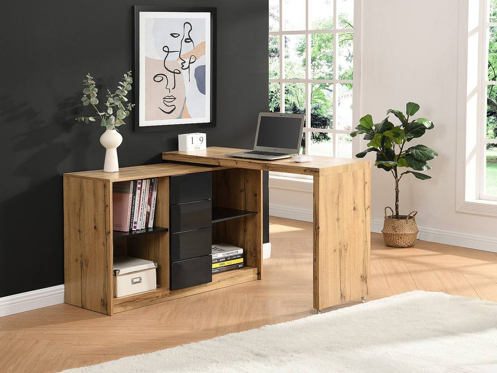 Vente-unique Extendable Desk With 360° Swivel Top - Natural & Black MDF - PAVELO