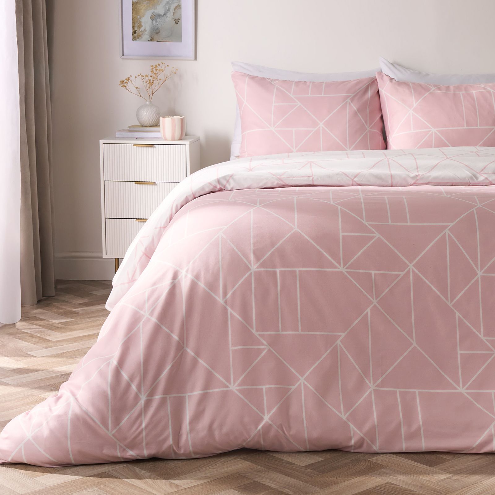 OHS Geometric Reversible Bedding Set Soft Duvet Cover with Pillowcase in Pink