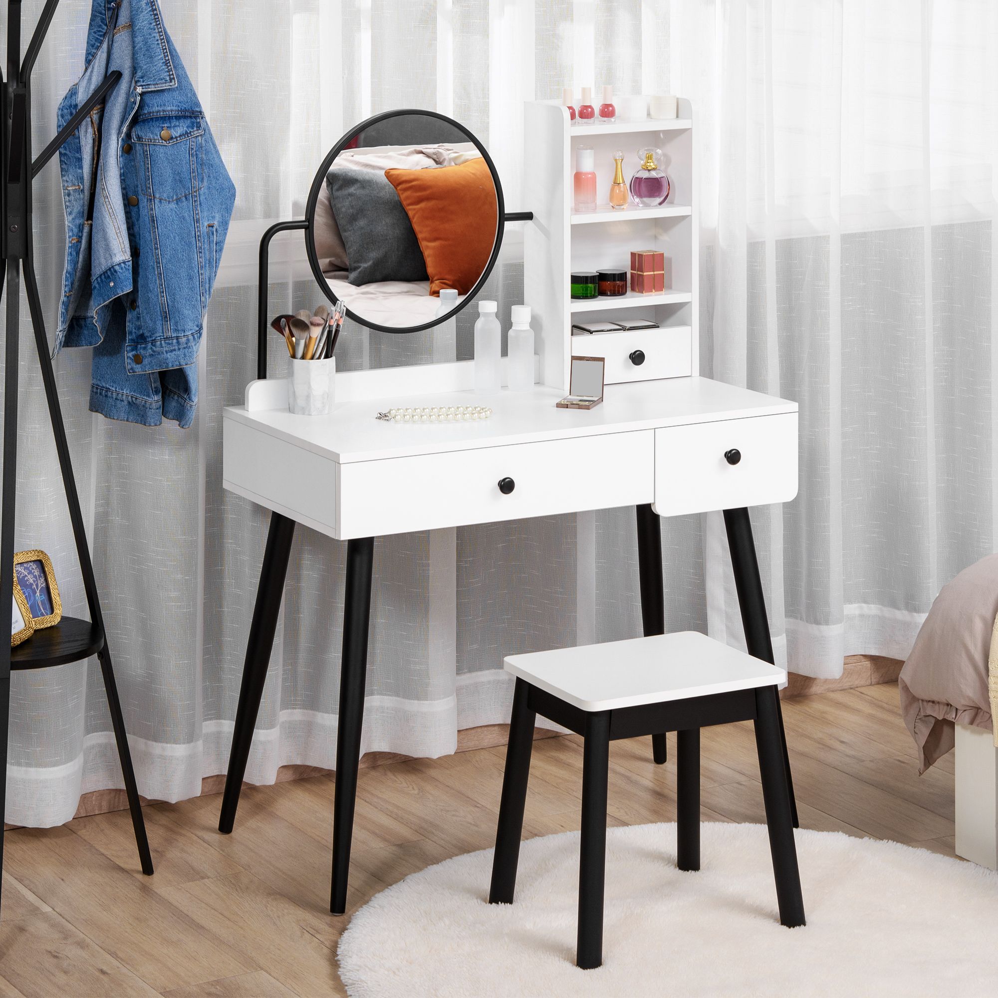 HOMCOM Dressing Table Set with 3 Drawers, Storage shelves & Stool in White