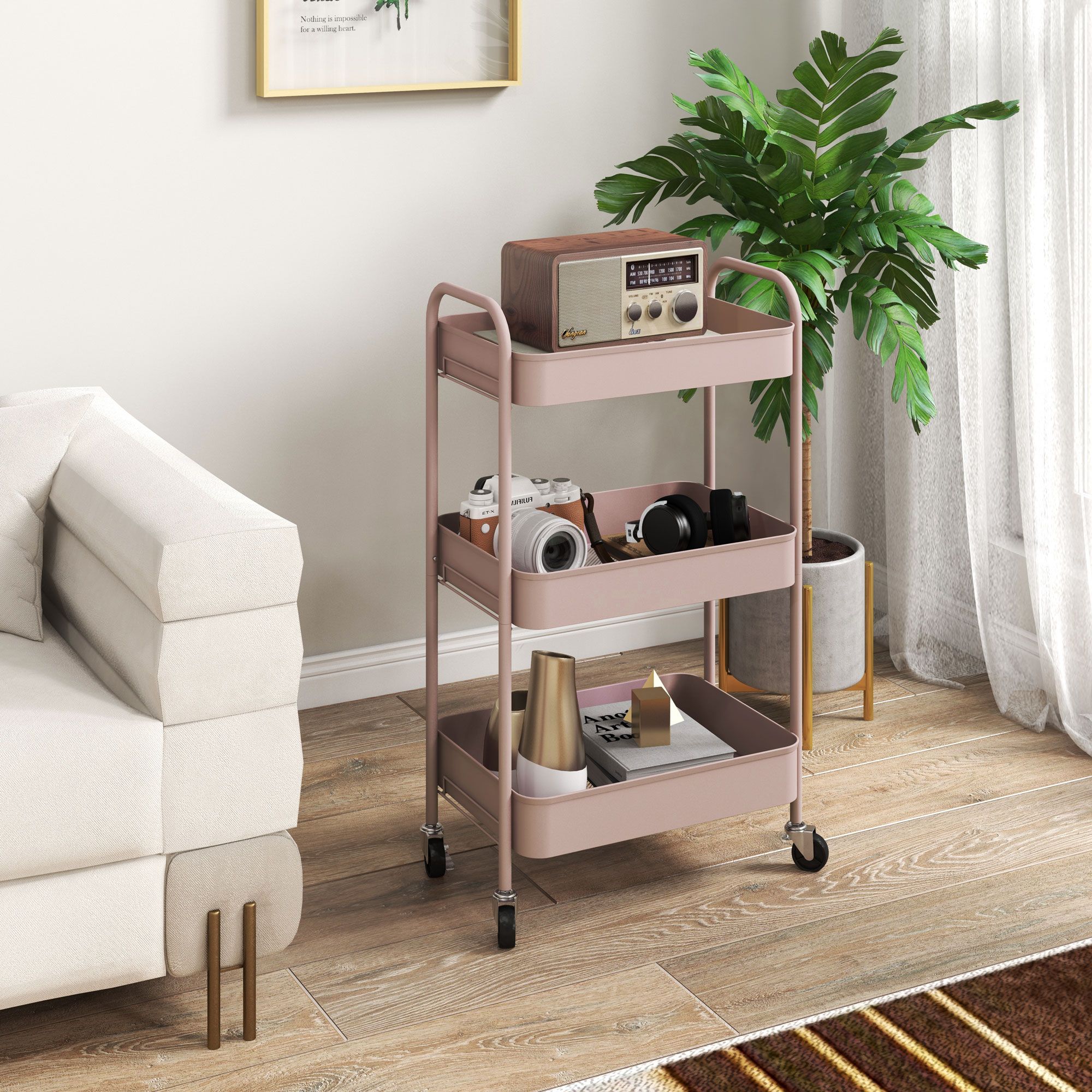 HOMCOM 3 Tier Rolling Utility Cart with 3 Mesh Basket in Pink