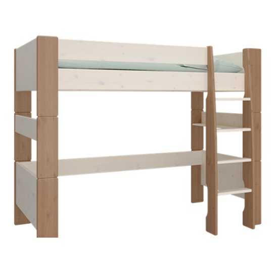 Pathos Wooden High Sleeper Bed In White And Stone With Ladder